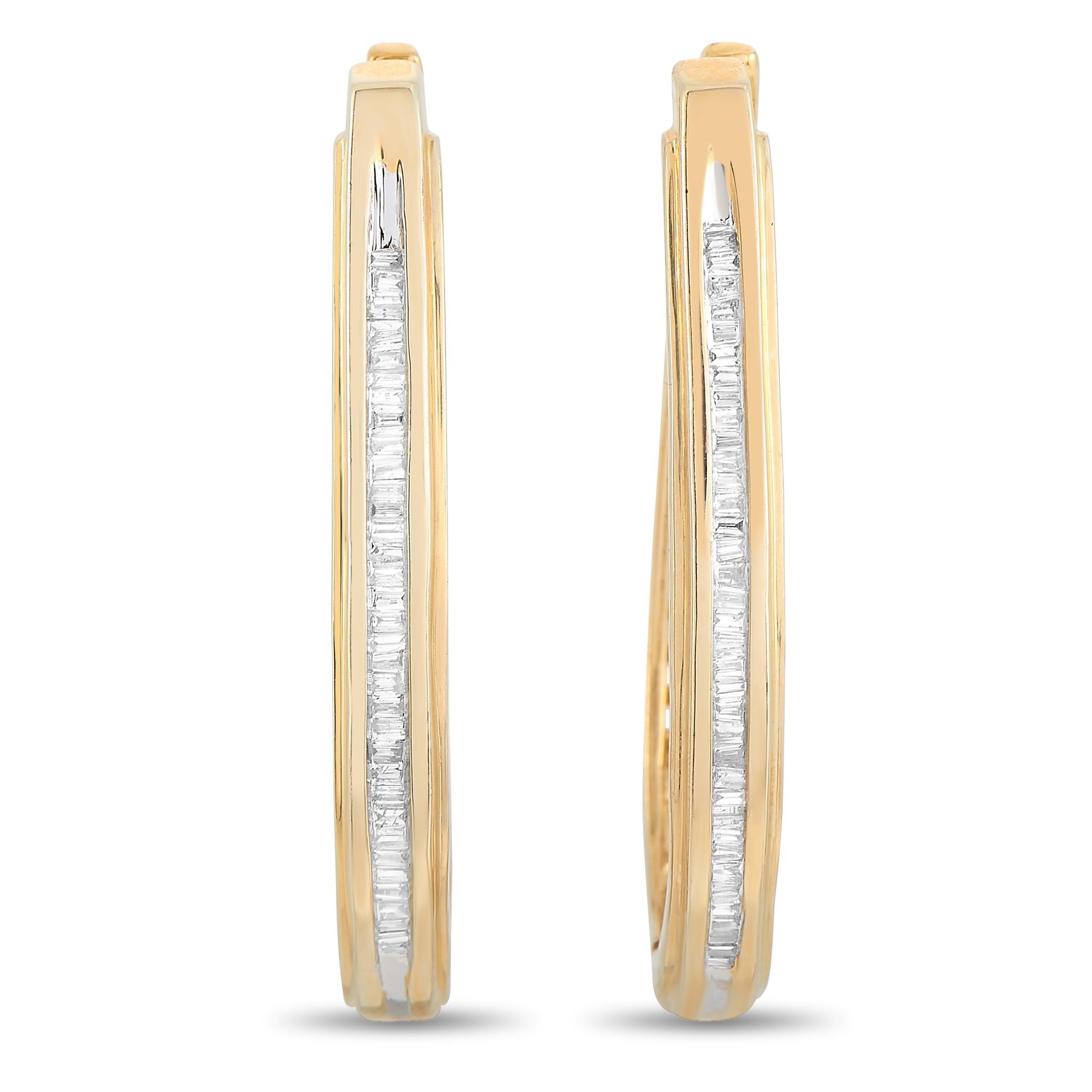 Dress up your work suit or casual wear with this LB Exclusive piece. The classic and chic yellow gold hoop earrings have been made more stylish with the addition of a line of round diamonds. Crafted in 14k yellow gold and lined with a band of