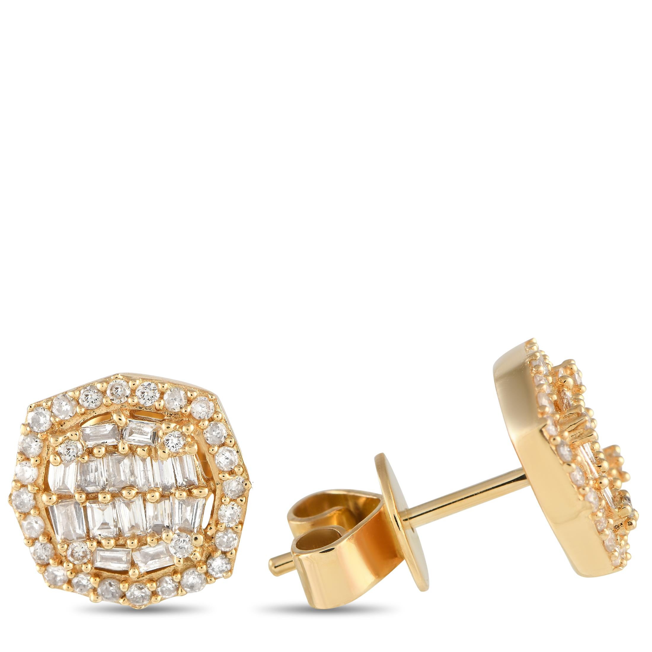 Look sharp with this pair of geometric diamond earrings. Each octagonal-shaped stud is crafted in 14K yellow gold and embellished with a cluster of step-cut diamonds. Tracing the eight-sided edge of each stud are round diamonds. This pair, with its