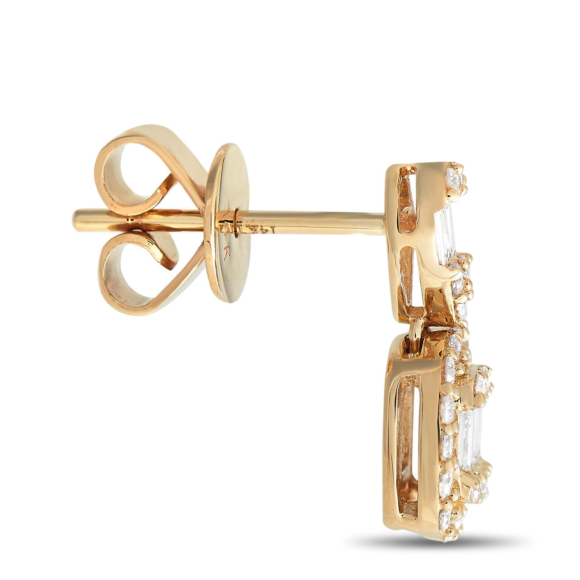 Elevate any occasion with these dazzling earrings. Crafted from 14K yellow gold, diamonds with a total weight of 0.55 carats allow them to effortlessly catch the light. Each elegant earring measures 0.50” long and 0.25” wide. 
 
 This jewelry piece