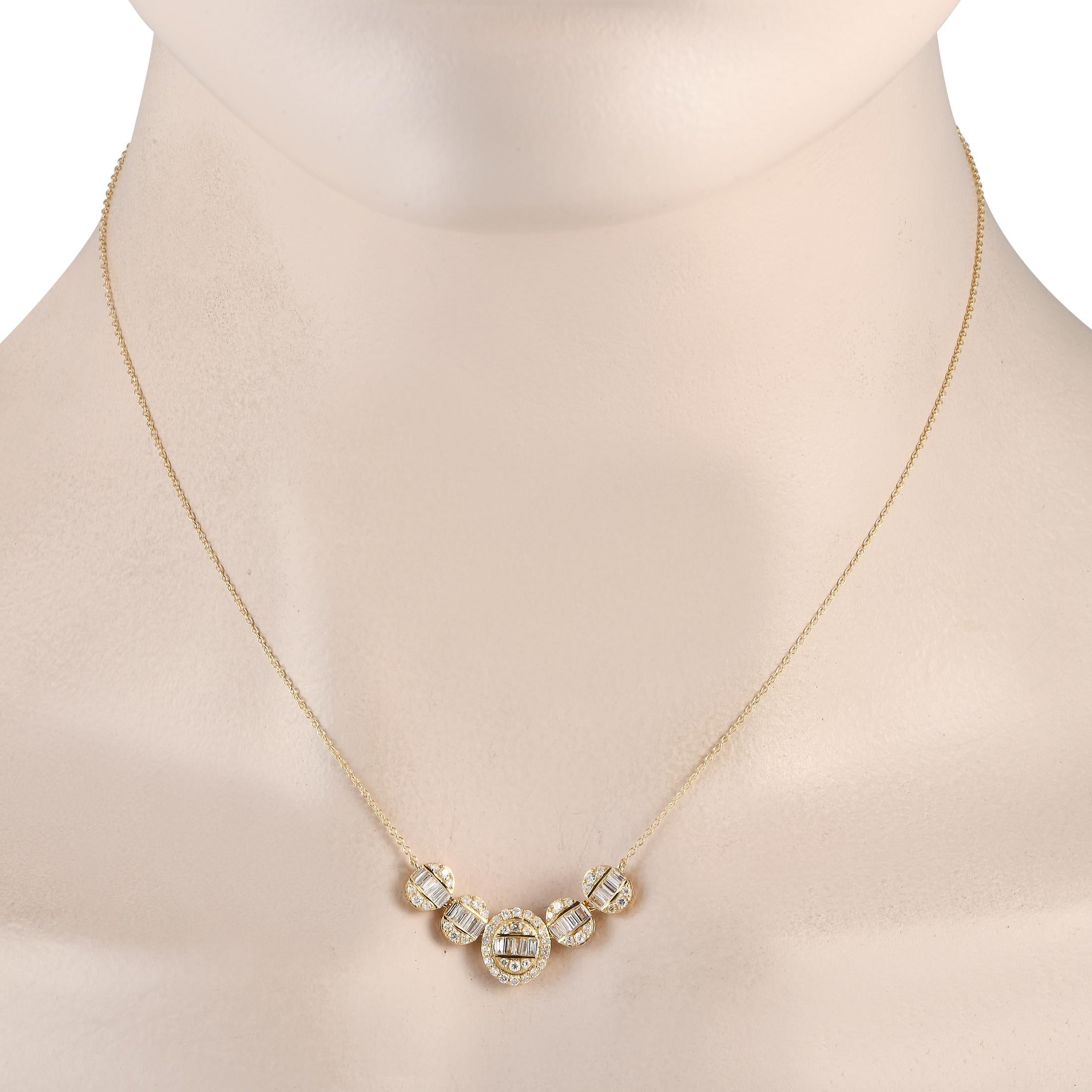 Round-cut diamonds and diamond baguettes totaling 0.60 carats make this necklace simply unforgettable. Crafted from 14K Yellow Gold, this pieces stunning pendant measures 0.45 long by 1.15 wide and is suspended from a 15 chain.This jewelry piece is