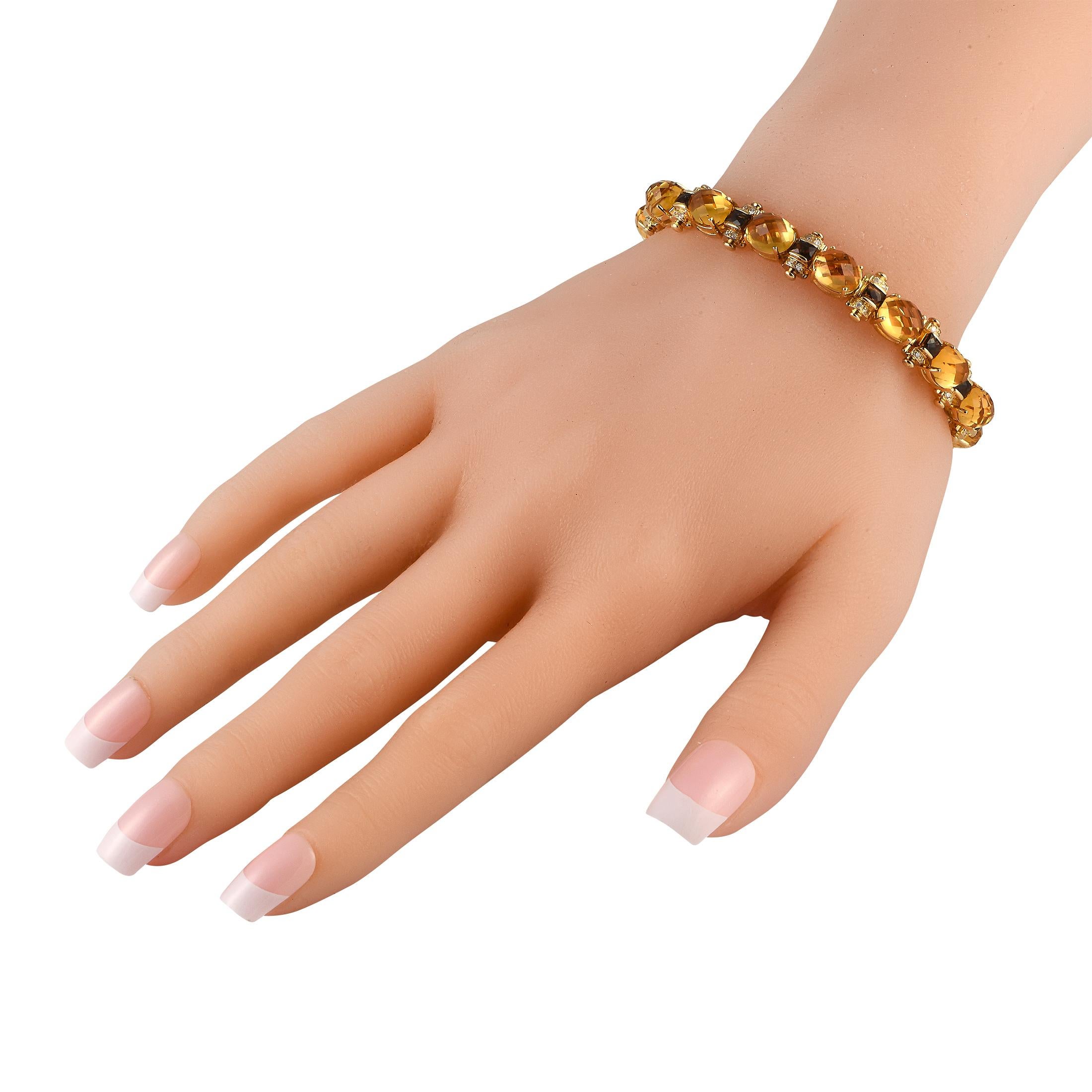 Brimming with retro charm, this LB Exclusive bracelet will bring a fabulous twist to any ensemble. Fashioned in 14K yellow gold, the bracelet features an alternating pattern of oval-shaped yellow topaz gemstones and diamond-studded, brown