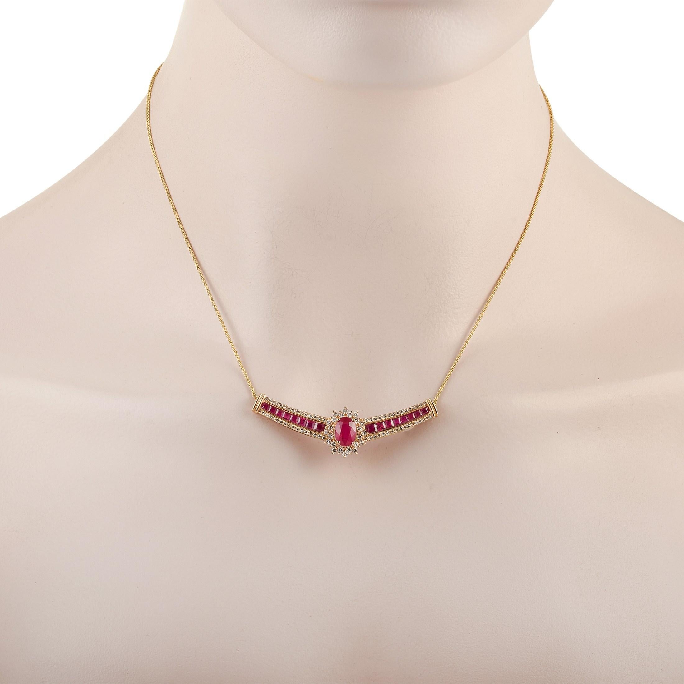 This LB Exclusive 14K Yellow Gold 0.75 ct Diamond and 3 ct Ruby Necklace features a delicate 14K Yellow Gold chain measuring 15 inches in length. The necklace features a matching 14K Yellow Gold Bar style Pendant set with 0.75 carats of round-cut
