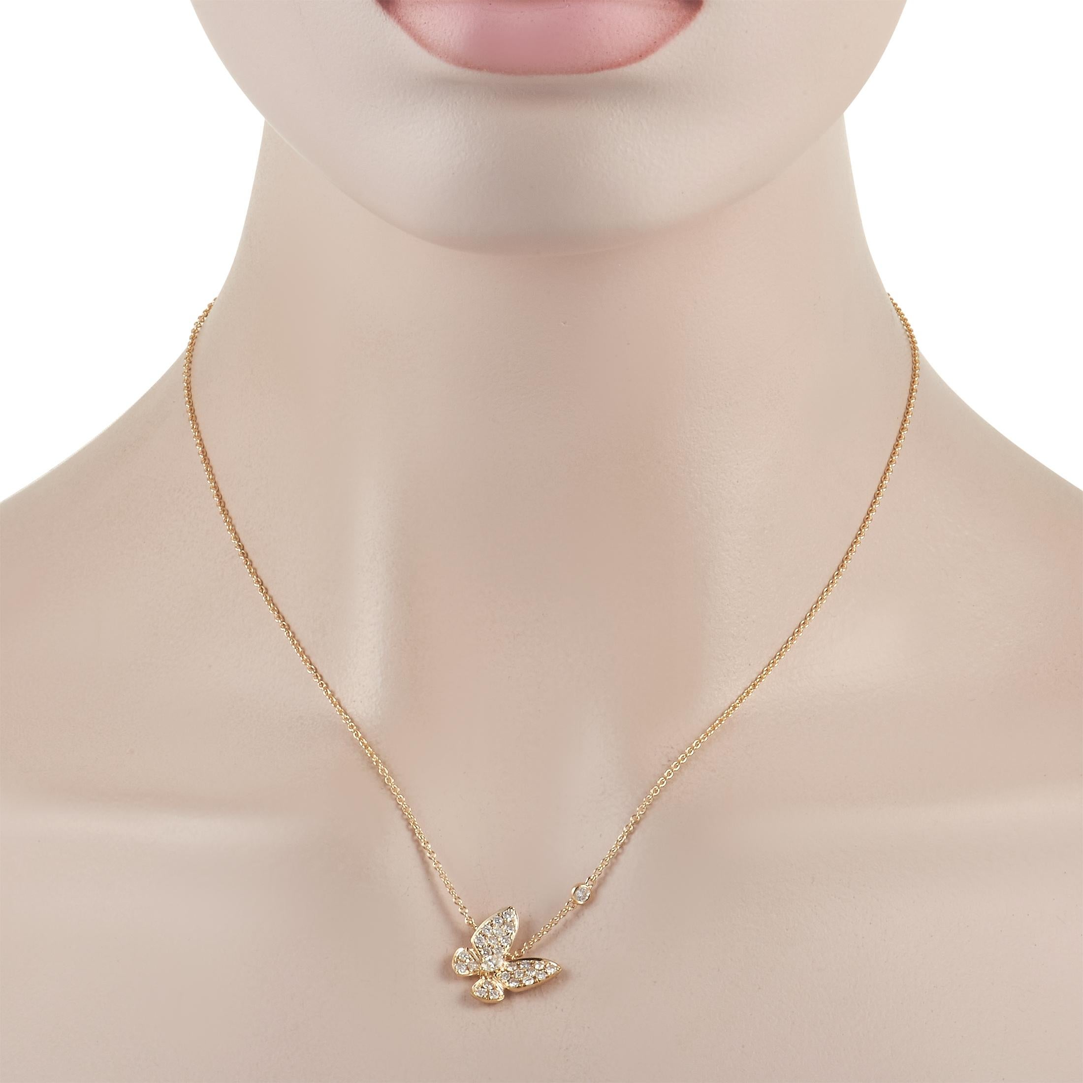 This lovely LB Exclusive 18K Yellow Gold 0.75 ct Diamond Butterfly Necklace is full of charm! It features a yellow gold chain that places the focus on the matching 18K yellow gold butterfly pendant. The wings of the butterfly are set with round-cut
