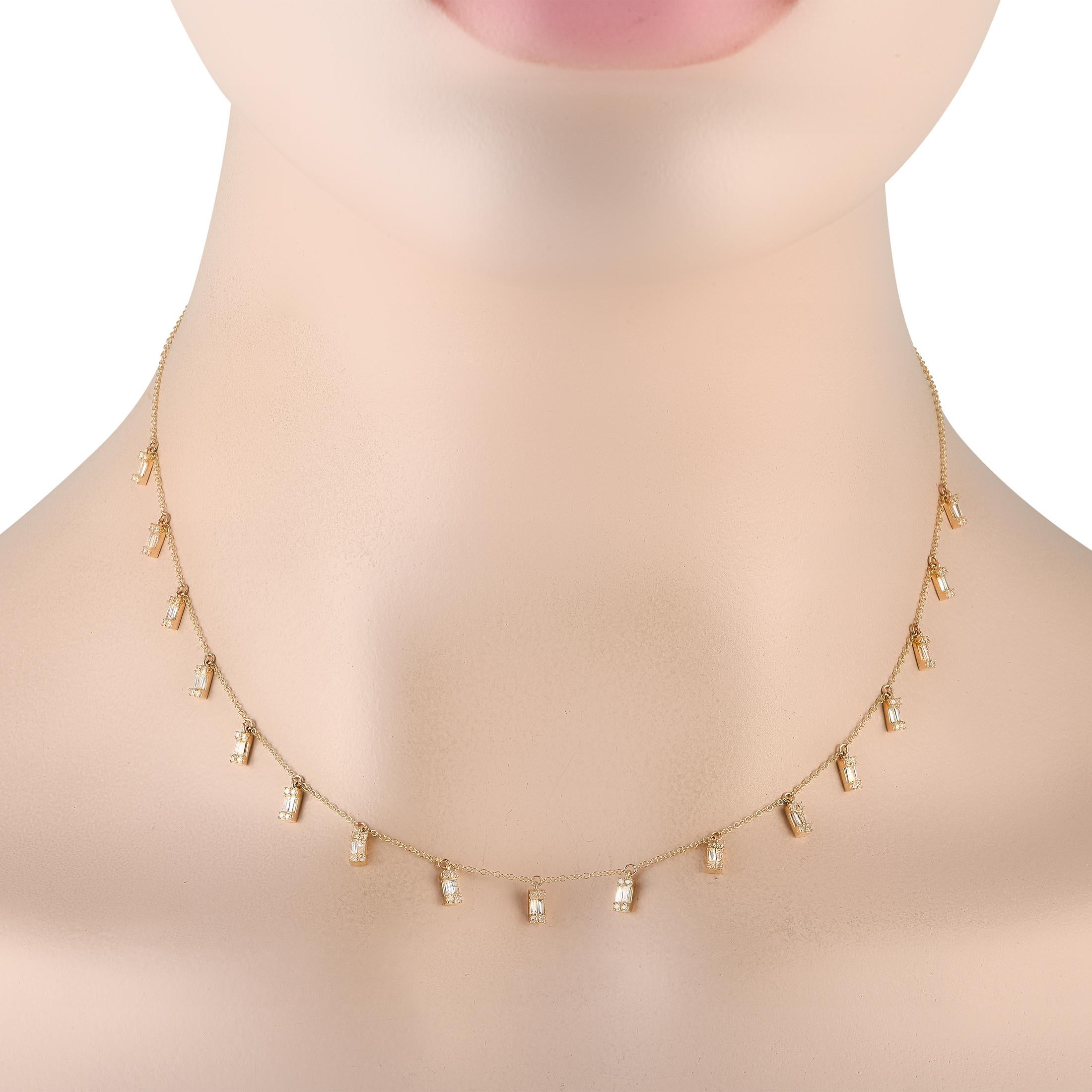 A series of dangling Diamond accents with a total weight of 0.98 carats give this necklace a chic, sophisticated sense of style. Perfectly on-trend, this delicate design is crafted from opulent 14K Yellow Gold features a 16 chain.This jewelry piece