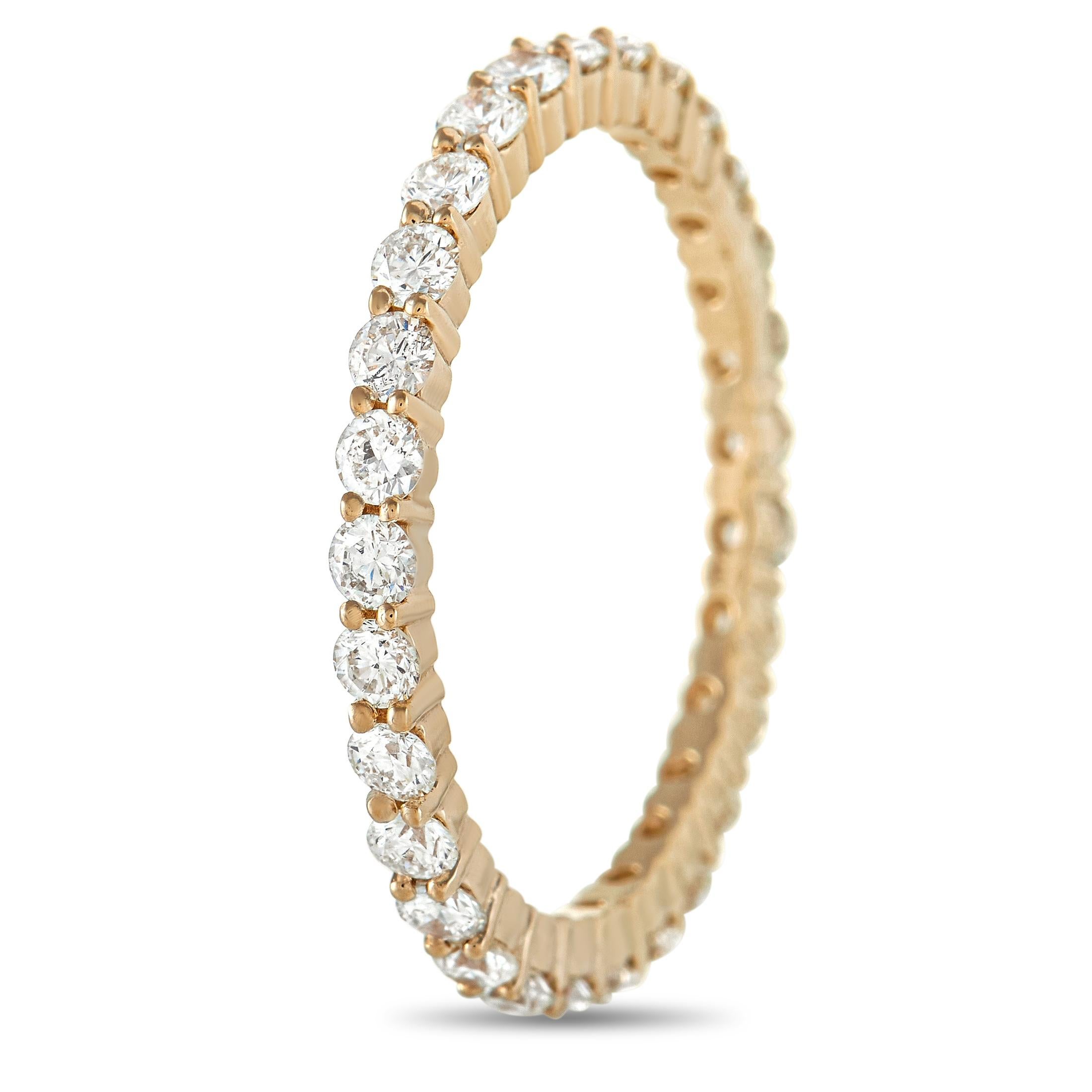 This stunning LB Exclusive 14K Yellow Gold 1.00 ct Diamond Infinity Ring is made with 14K yellow gold and set with a single row of round-cut diamonds totaling 1.00 carats around the band. The ring has a total weight of 1.5 grams. 
 
 This ring is