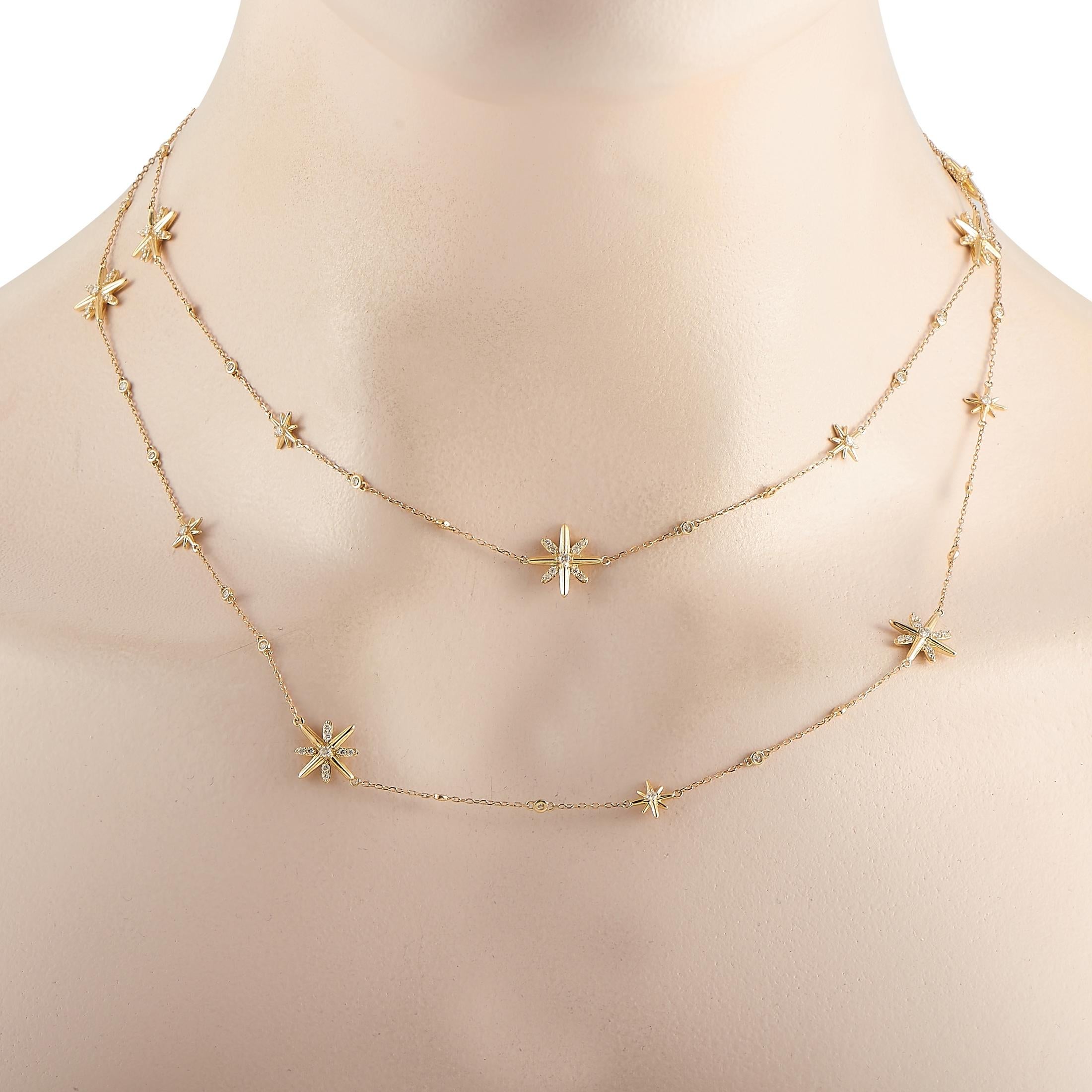 This radiant necklace will effortlessly elevate any ensemble and help you make a spectacular statement. Measuring 35” long, this 14K yellow gold necklace is dotted with stylish starburst accents. Shimmering diamonds totaling 1.00 carats make this
