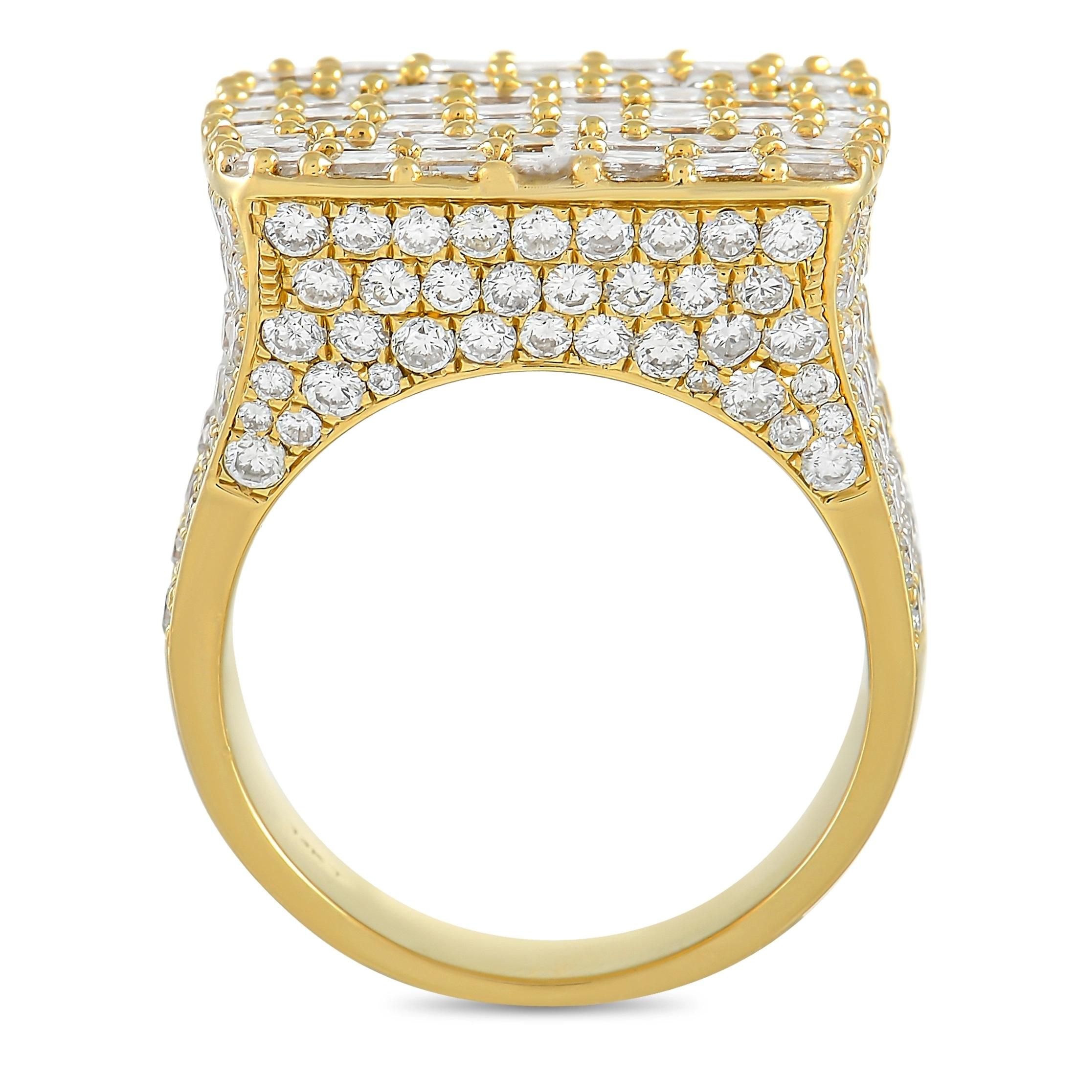 This bold, luxurious ring will continually command attention. Its statement-making setting includes an 10mm wide band and an 8mm top height. But it’s the glittering array of diamonds totaling 10.49 carats on the top and sides that make it impossible