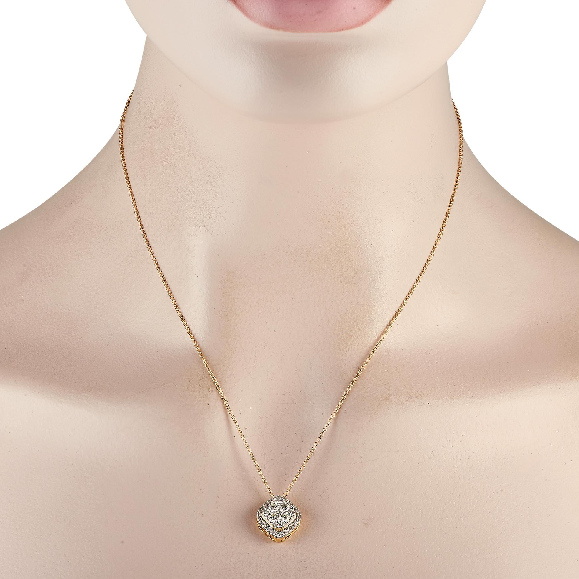 A stunning arrangement of diamonds totaling 1.0 carats make this luxurious necklace an effortless addition to any ensemble. Crafted from 14K Yellow Gold, the pendant measures 0.60” square and sits at the center of an 18” chain. 
 
 This jewelry