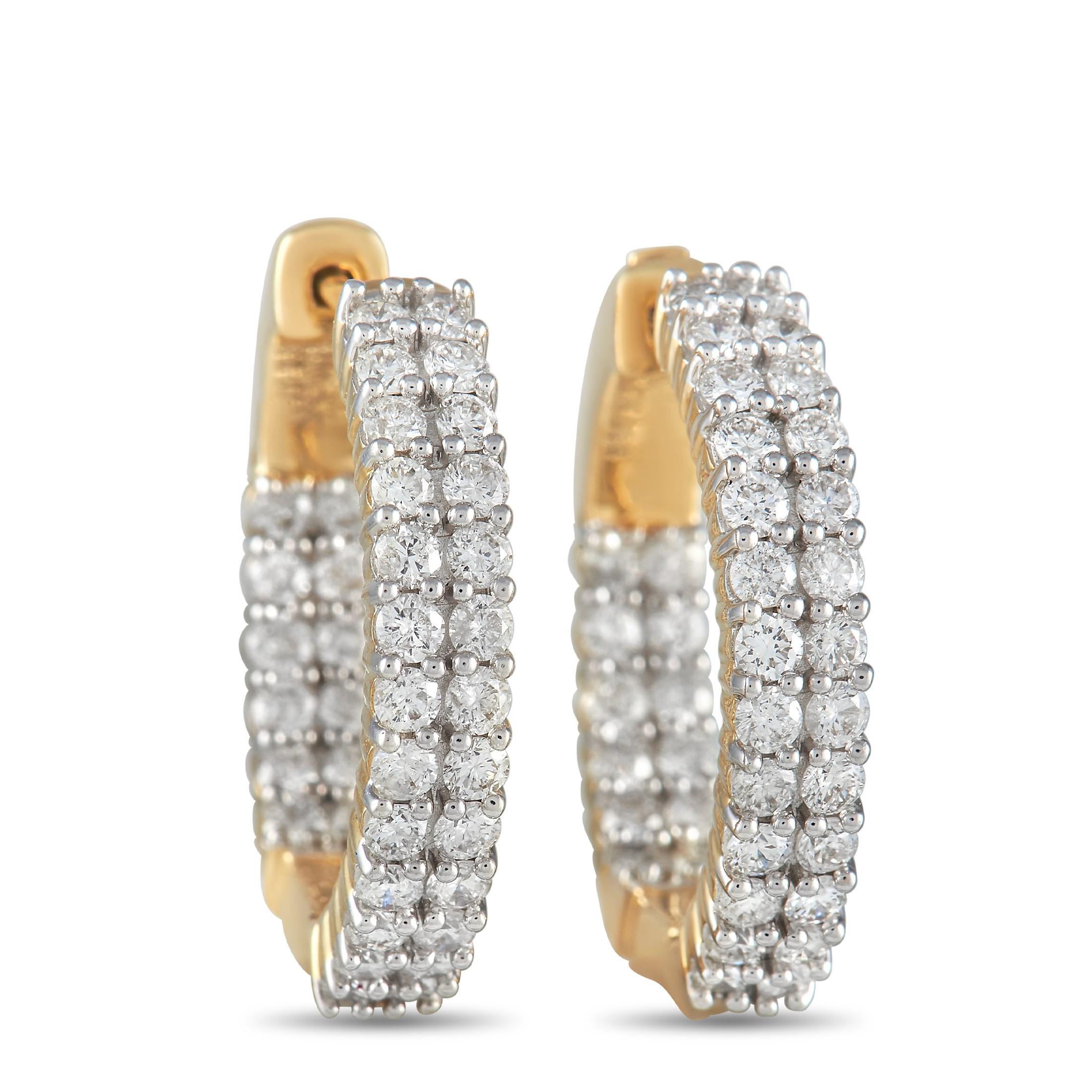 Setzen Sie ein Zeichen, indem Sie diese exquisiten Ohrringe anziehen. Die opulente Fassung aus 14-karätigem Gelbgold setzt die atemberaubende Reihe von Diamanten mit einem Gesamtgewicht von 2,0 Karat wunderschön in Szene. Jedes Stück ist 0,95