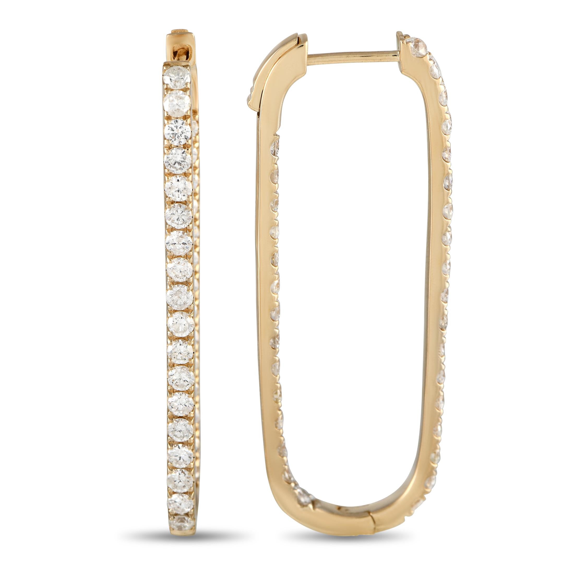 Get more creative with your diamond accessories by wearing these rounded rectangle hoops. Set in 14K yellow gold, the earrings feature a narrow row of petite round diamonds mounted on the front edge and front-facing back edge of each hoop. They're