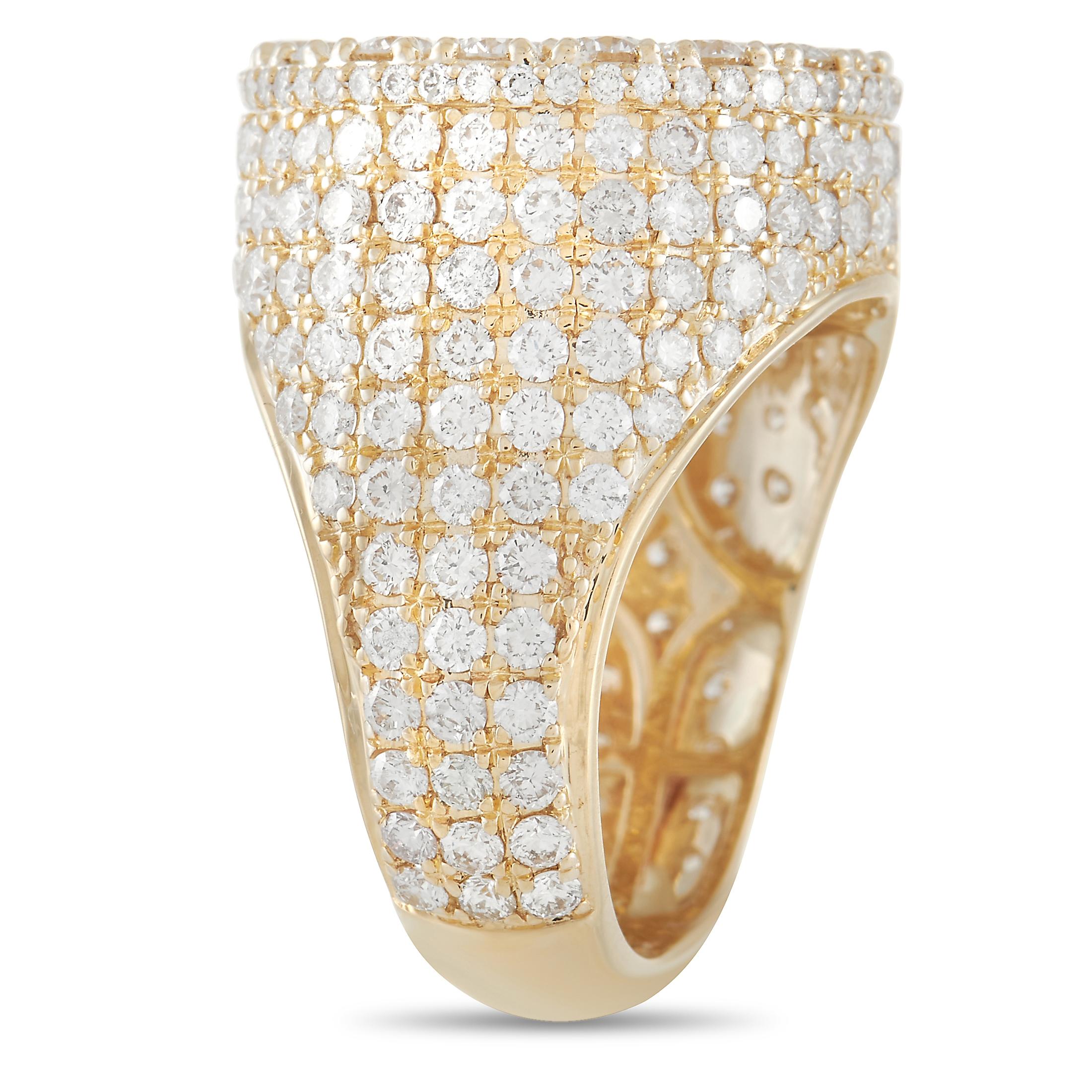 An impressive array of diamonds totaling 7.25 carats make this bold ring impossible to ignore. Featuring a lustrous 14K Yellow Gold setting, the 5mm wide band and round, flat top make it an incredibly luxurious that will always make a statement. The