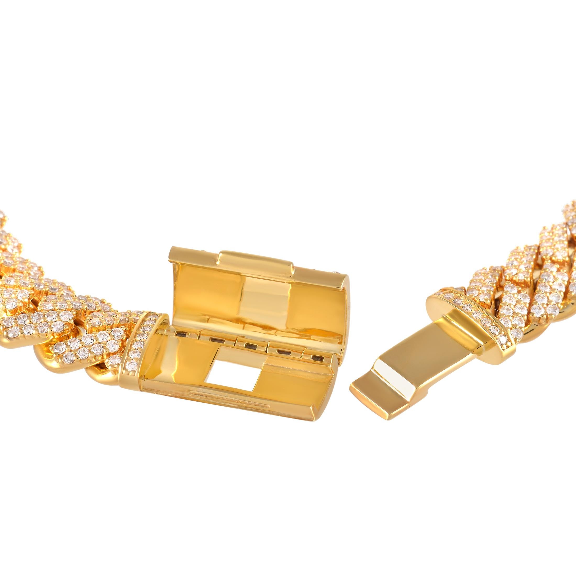 Taille ronde LB Exclusive Bracelet à maillons cubains en or jaune 14 carats et diamants 8,94 carats en vente