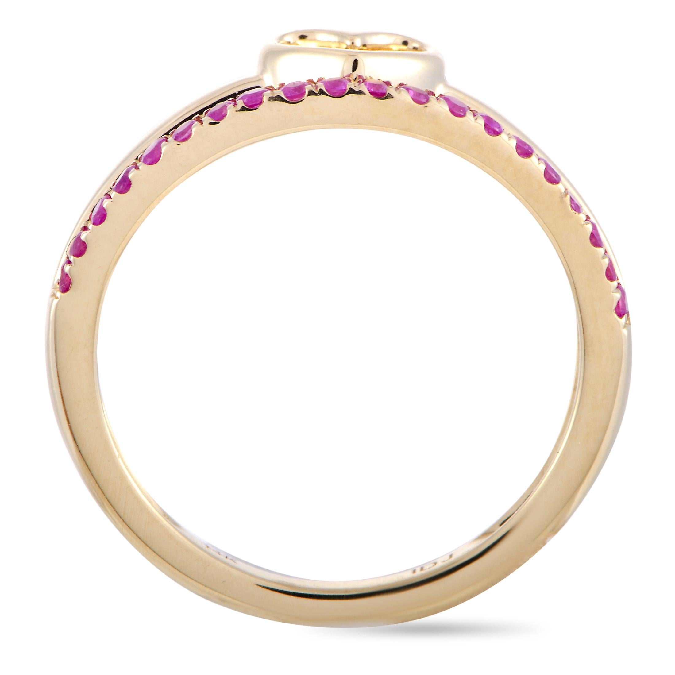 This LB Exclusive ring is crafted from 14K yellow gold and set with rubies that amount to 0.25 carats. The ring weighs 2.6 grams, boasting band thickness of 2 mm and top height of 4 mm, while top dimensions measure 7 by 20 mm.

Offered in brand new