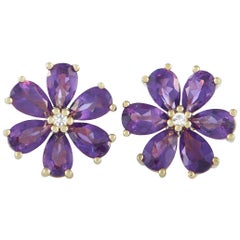 LB Exclusive 14 Karat Yellow Gold Diamond and Amethyst Flower Earrings