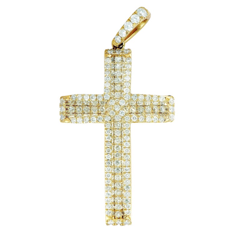 LB Exclusive 14 Karat Yellow Gold Diamond Pave Cross Pendant For Sale