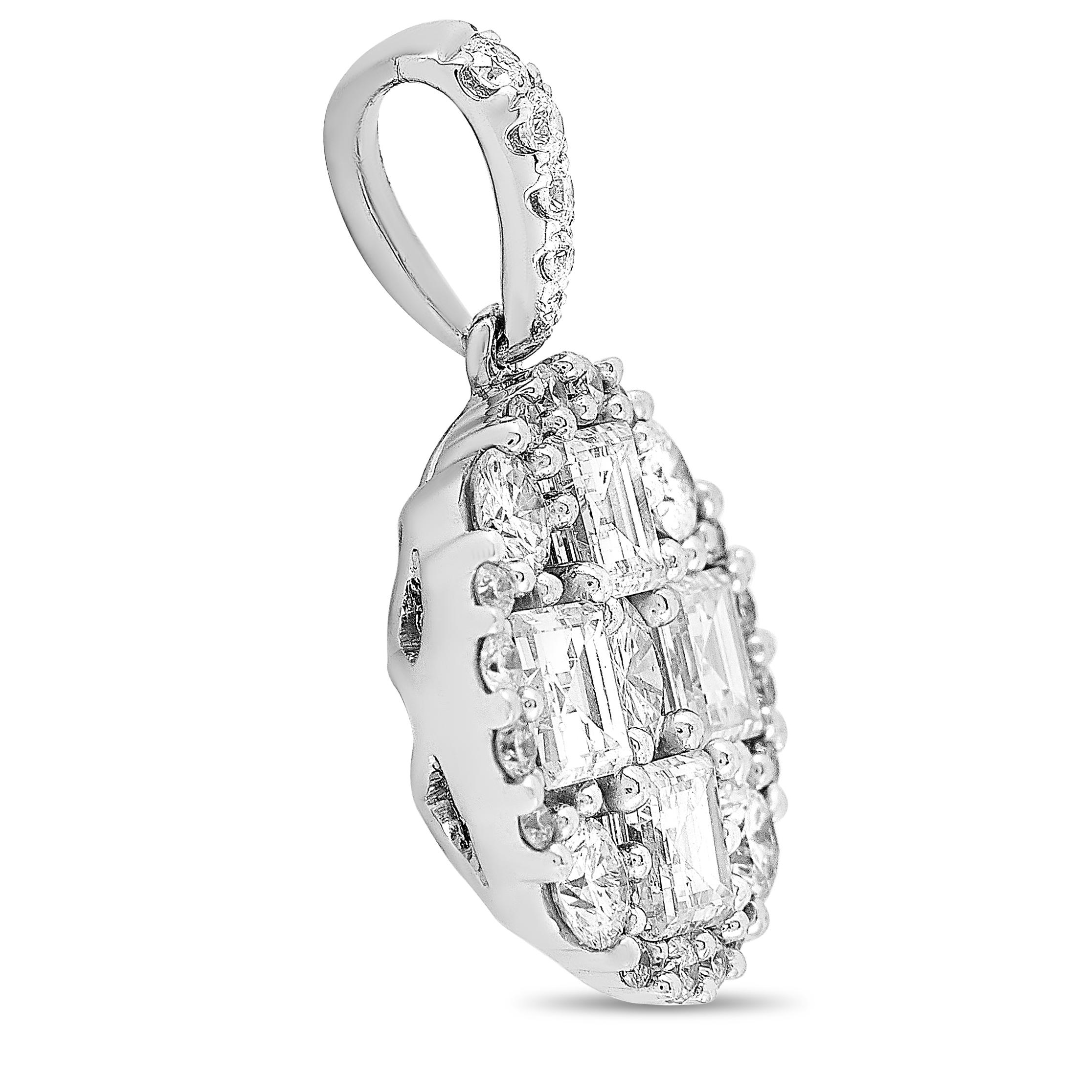 This LB Exclusive pendant is crafted from 18K white gold and weighs 2.7 grams, measuring 0.75” in length and 0.50” in width. The pendant is set with round and asscher diamonds that total 0.50 and 0.71 carats respectively.

Offered in brand new