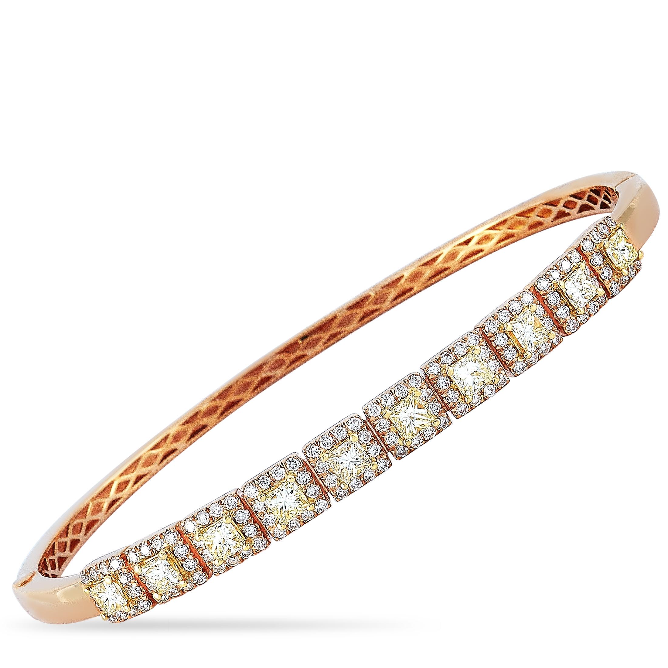 This LB Exclusive bracelet is made of 18K rose gold and weighs 13.6 grams, measuring 7” in length. The bracelet is set with white and yellow diamonds that total 0.79 and 1.36 carats respectively.

Offered in brand new condition, this jewelry piece