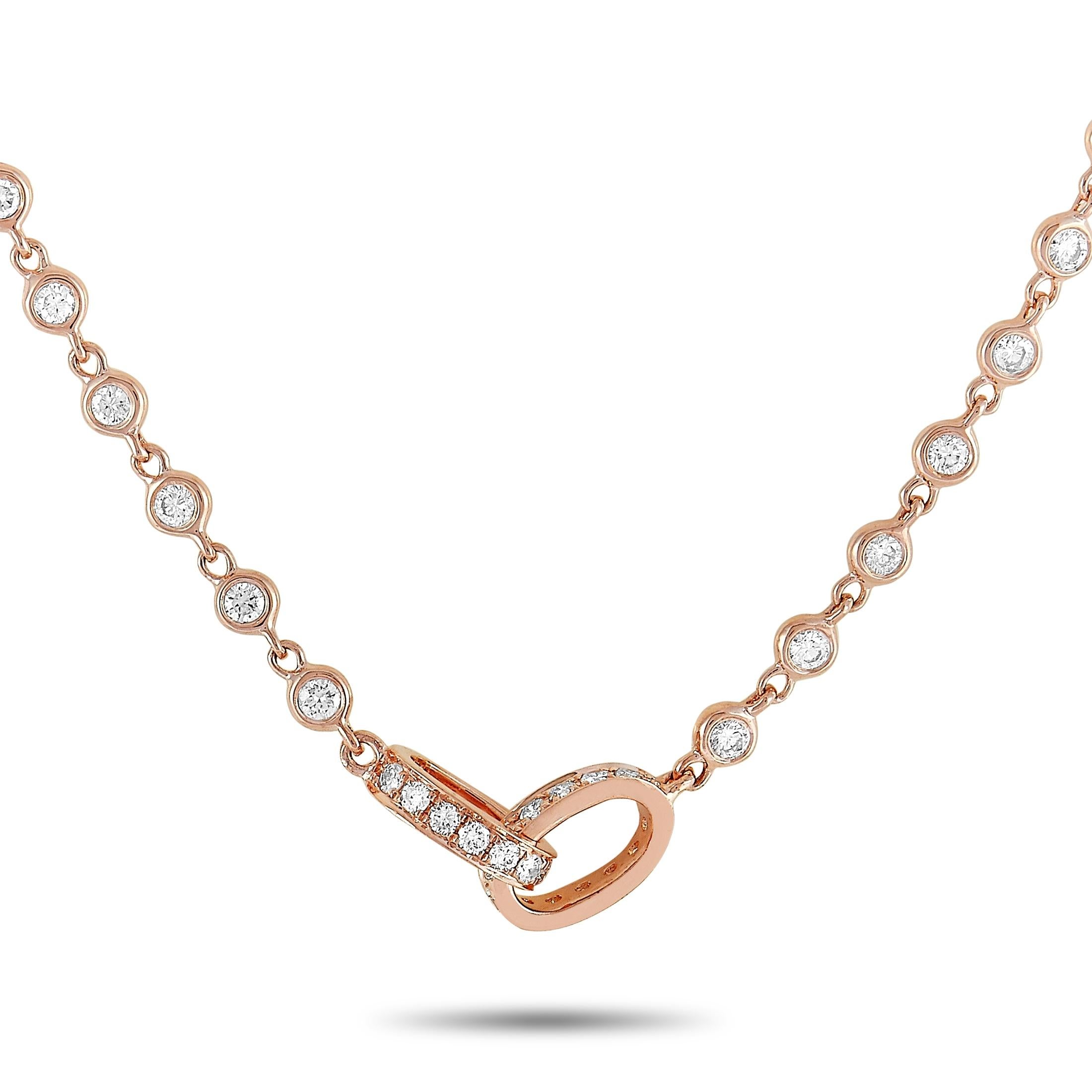 This LB Exclusive necklace is made out of 18K rose gold and diamonds that amount to 8.00 carats. The necklace weighs 29.8 grams and measures 44” in length.

Offered in brand new condition, this jewelry piece includes a gift box.