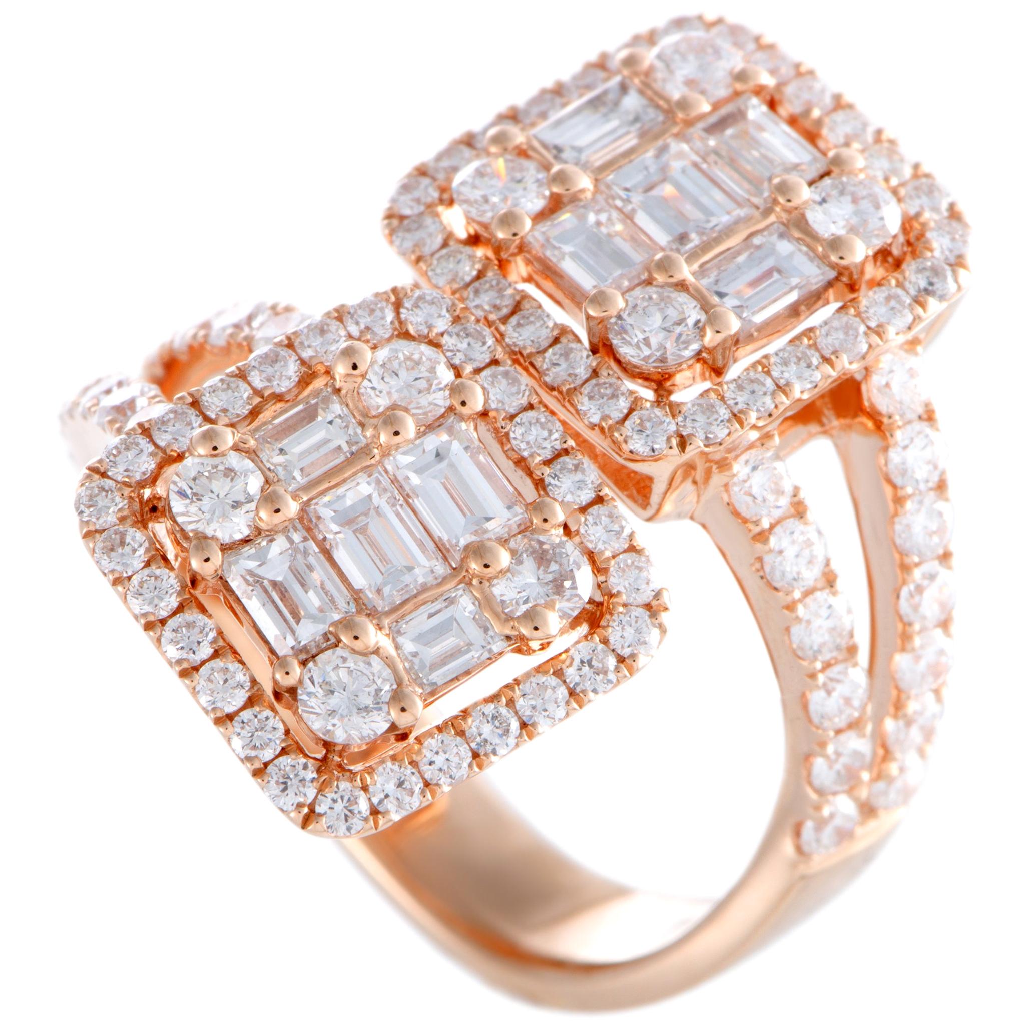 LB Exclusive 18 Karat Rose Gold Round and Baguette Diamonds 2 Square Bypass Ring