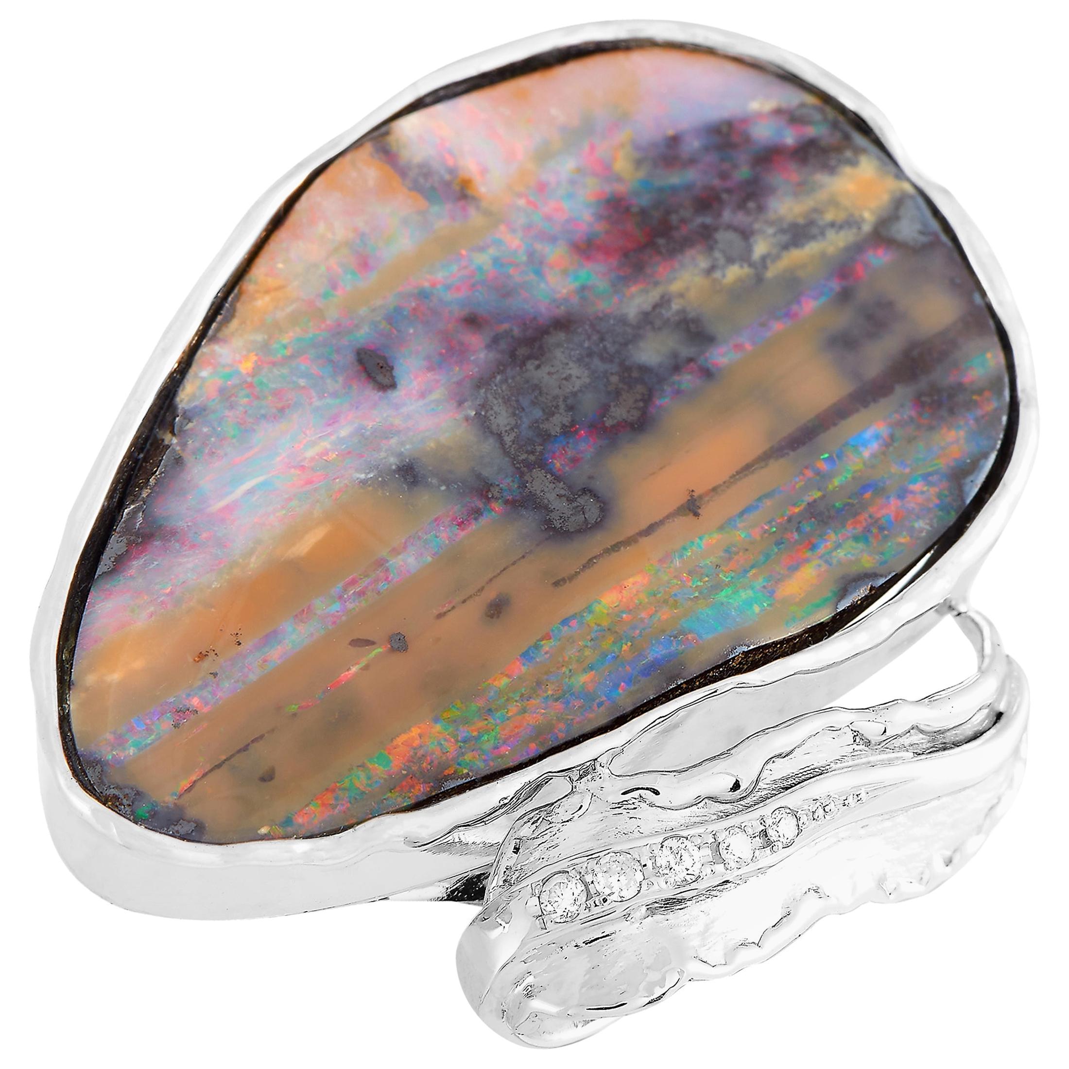 LB Exclusive 18 Karat White Gold 0.10 Carat Diamond and Boulder Opal Ring