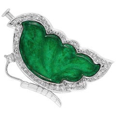 LB Exclusive 18 Karat White Gold 0.32 Carat Diamond and Jade Butterfly Brooch