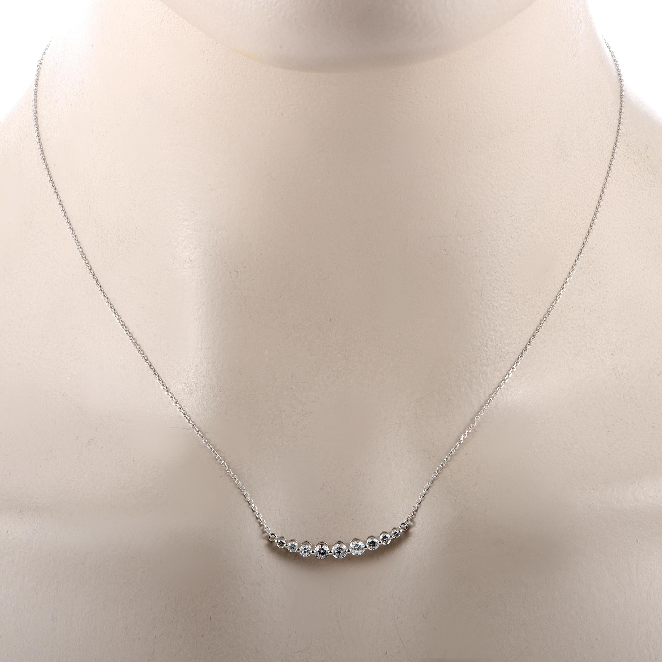 This LB Exclusive necklace is made out of 18K white gold and diamonds that total 0.50 carats. The necklace weighs 2.1 grams and boasts a 16” chain and a pendant that measures 0.15” in length and 1” in width.

Offered in brand new condition, this