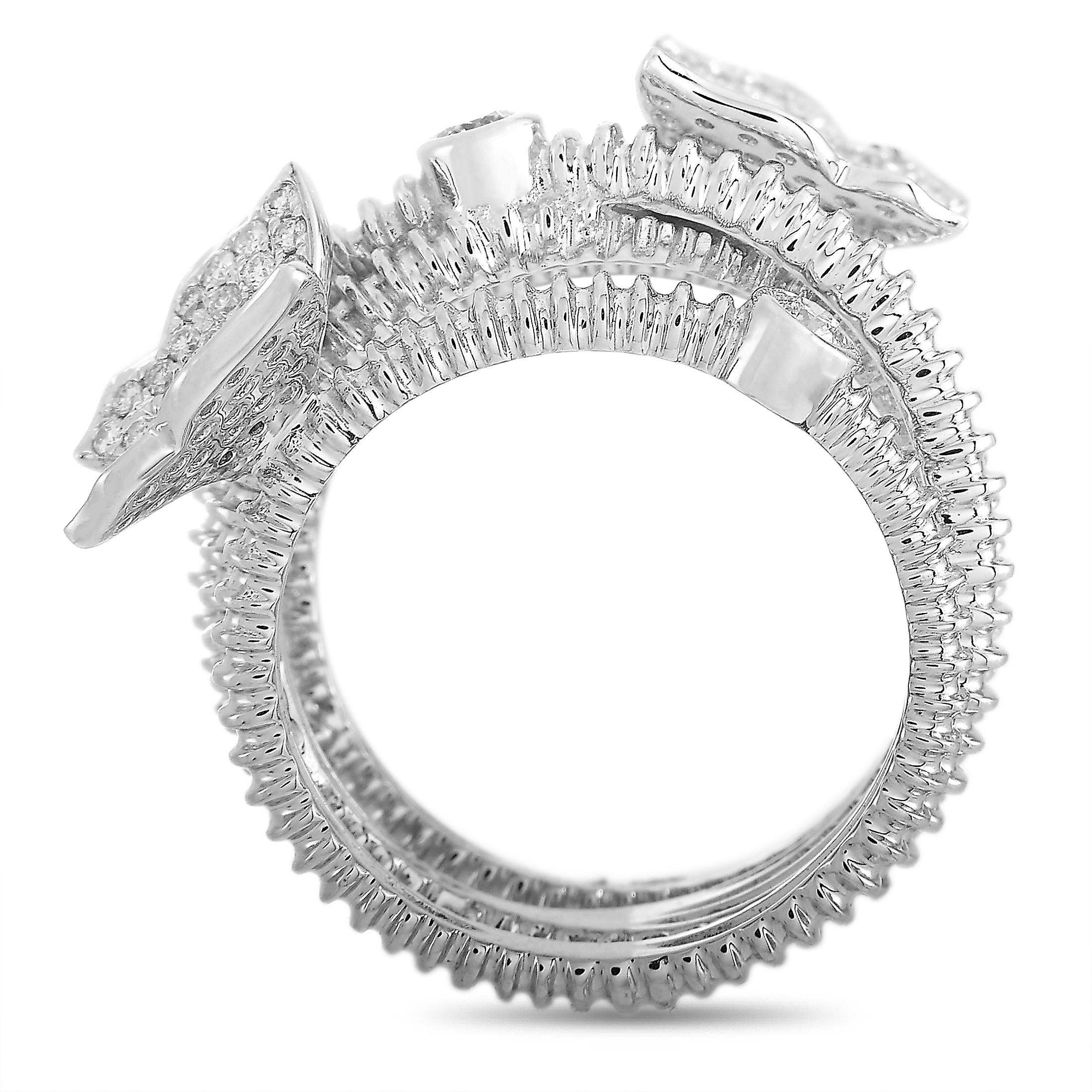 This LB Exclusive ring is made of 18K white gold and embellished with diamonds that amount to 0.65 carats. The ring weighs 10.9 grams and boasts band thickness of 5 mm and top height of 6 mm, while top dimensions measure 17 by 25 mm.
 
 Offered in