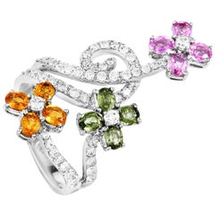 LB Exclusive 18 Karat White Gold 0.97 Carat Diamond and Sapphire Flower Ring