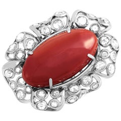 LB Exclusive 18 Karat White Gold Diamond and Coral Ring