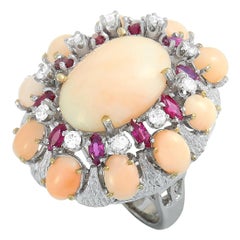 LB Exclusive 18 Karat White Gold Diamond, Ruby and Coral Ring