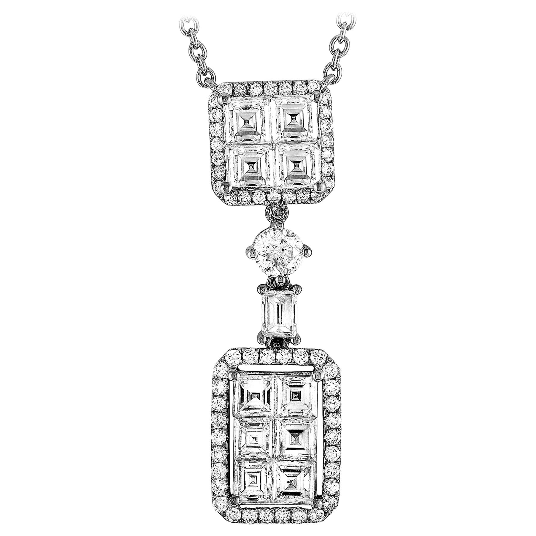 LB Exclusive 18 Karat White Gold Round and Square Diamond Necklace