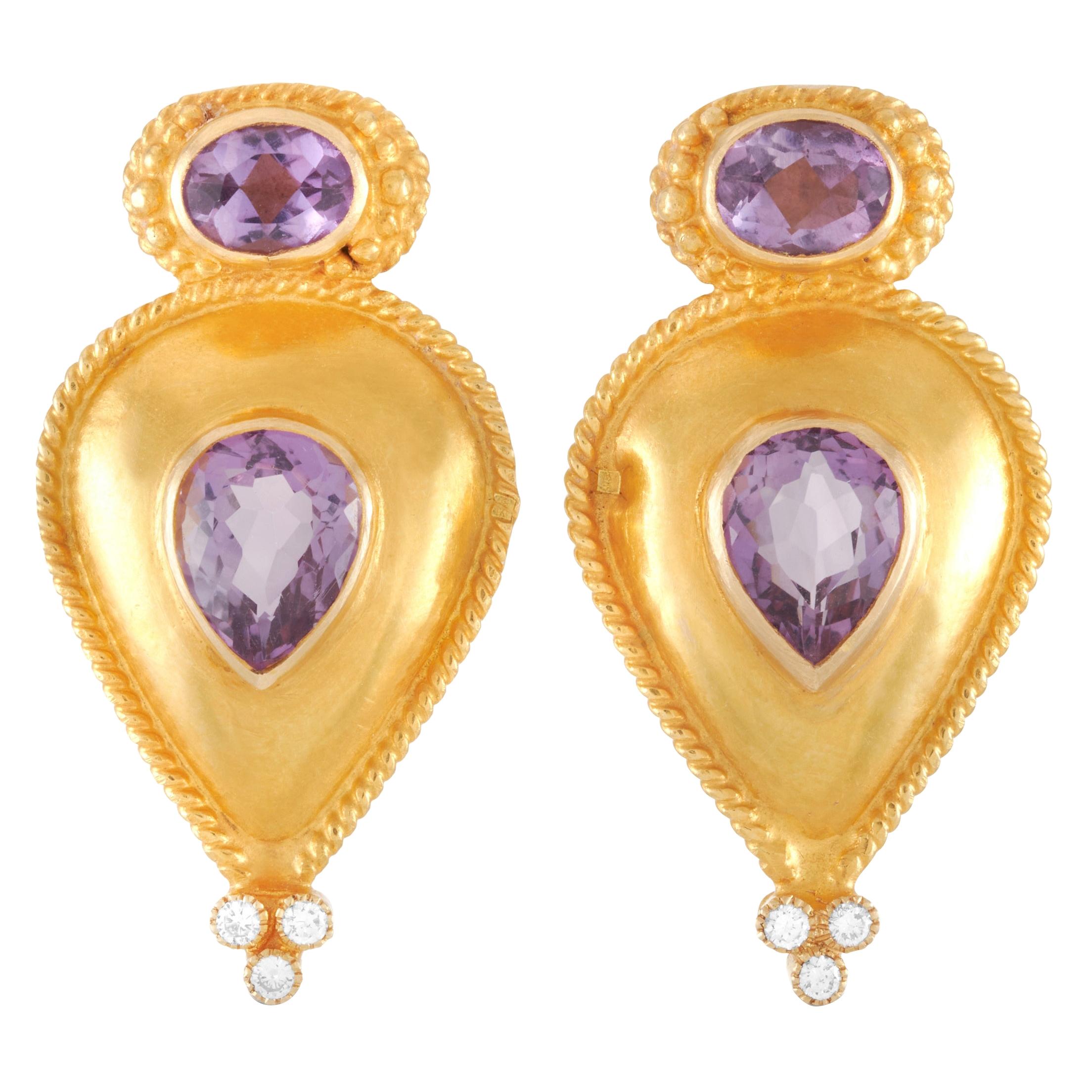 LB Exclusive 18 Karat Yellow Gold 0.30 Carat Diamond and Amethyst Earrings