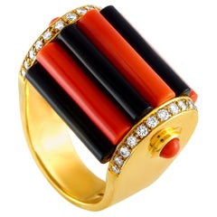 LB Exclusive 18 Karat Yellow Gold 0.44 Carat Diamond and Black/Red Coral Ring