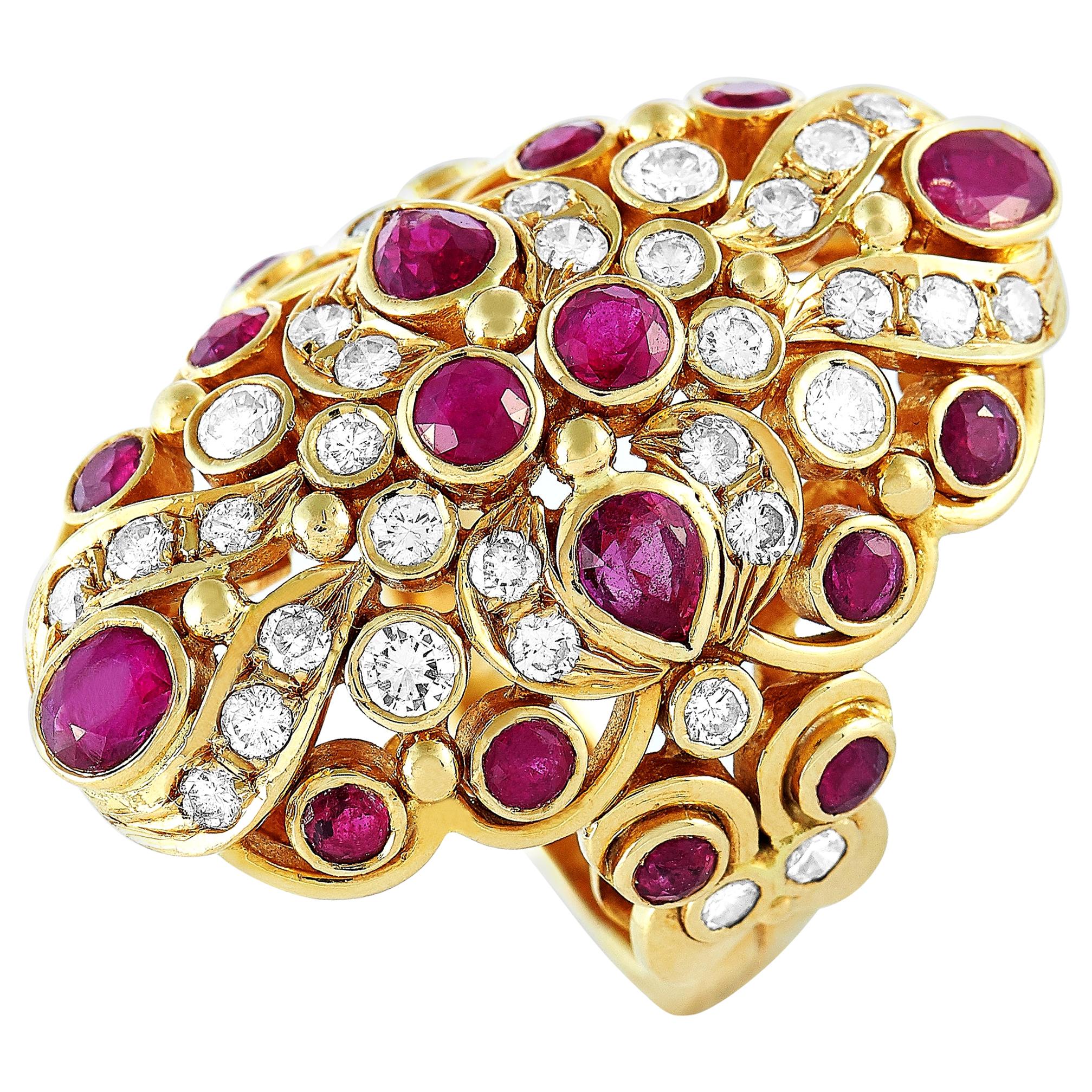 LB Exclusive 18 Karat Yellow Gold 1.45 Carat Diamond and Ruby Ring