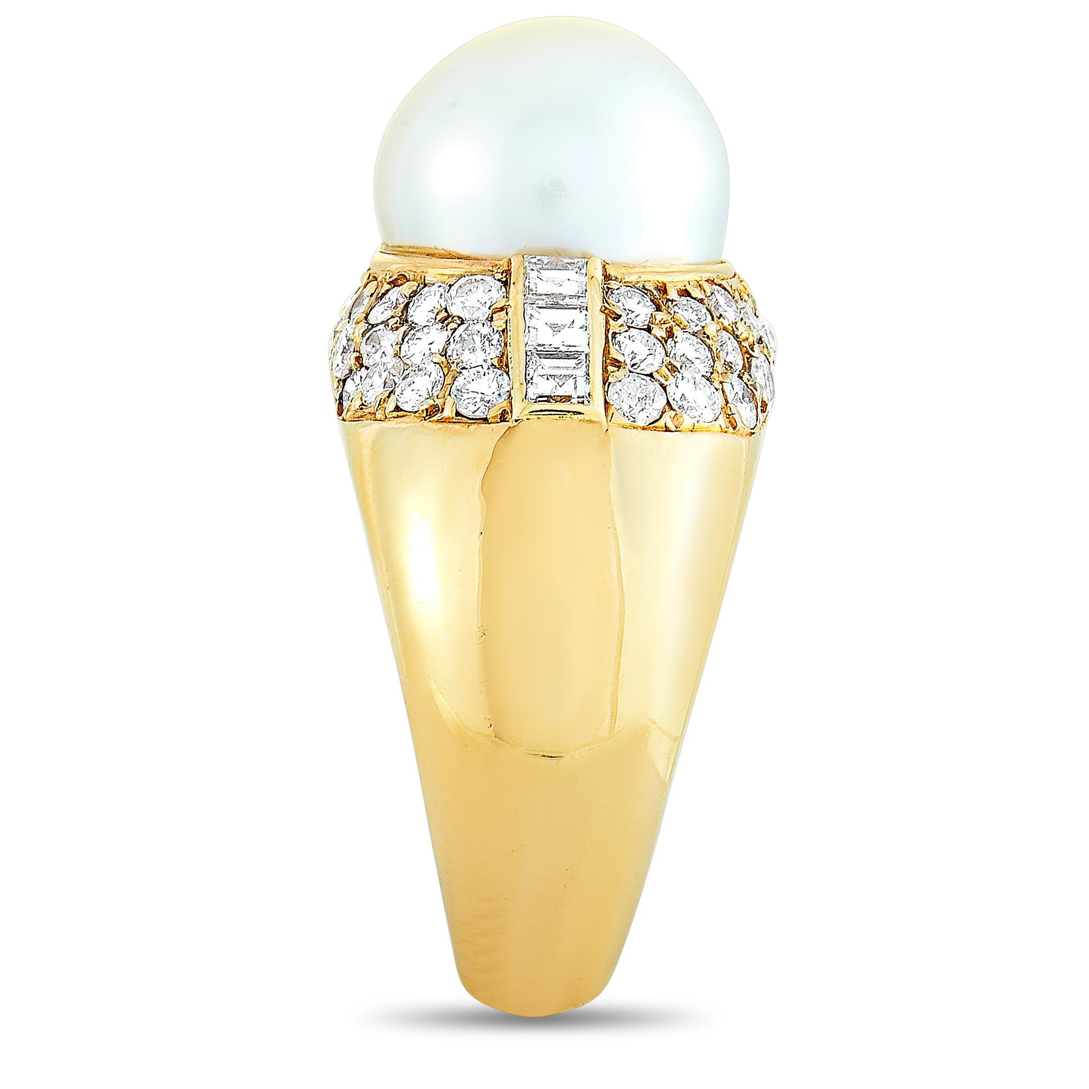 LB Exclusive 18 Karat Yellow Gold 1.51 Carat Diamond and Pearl Ring In Excellent Condition In Southampton, PA