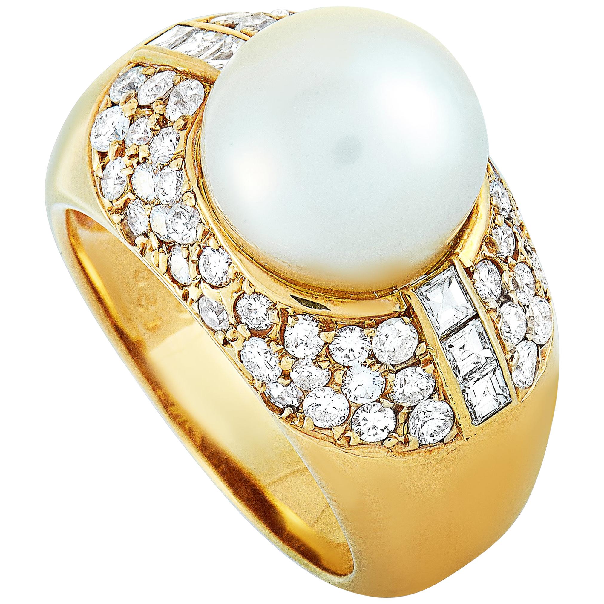 LB Exclusive 18 Karat Yellow Gold 1.51 Carat Diamond and Pearl Ring