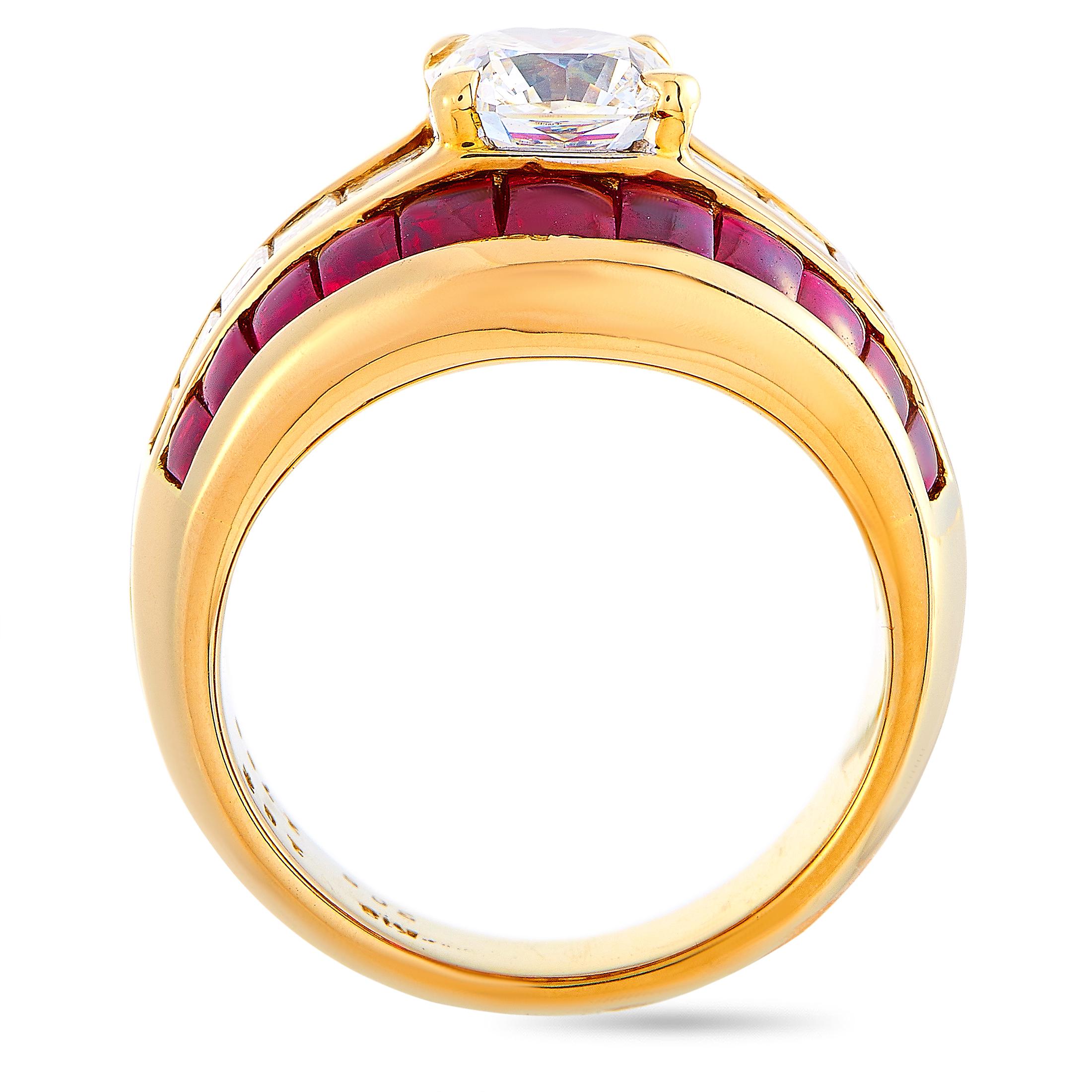 This LB Exclusive ring is made of 18K yellow gold and set with diamonds and rubies that total 2.72 and 3.05 carats respectively (the center diamond features an estimated grade H color and VS1 clarity and weighs 1.70 carats, while the remaining