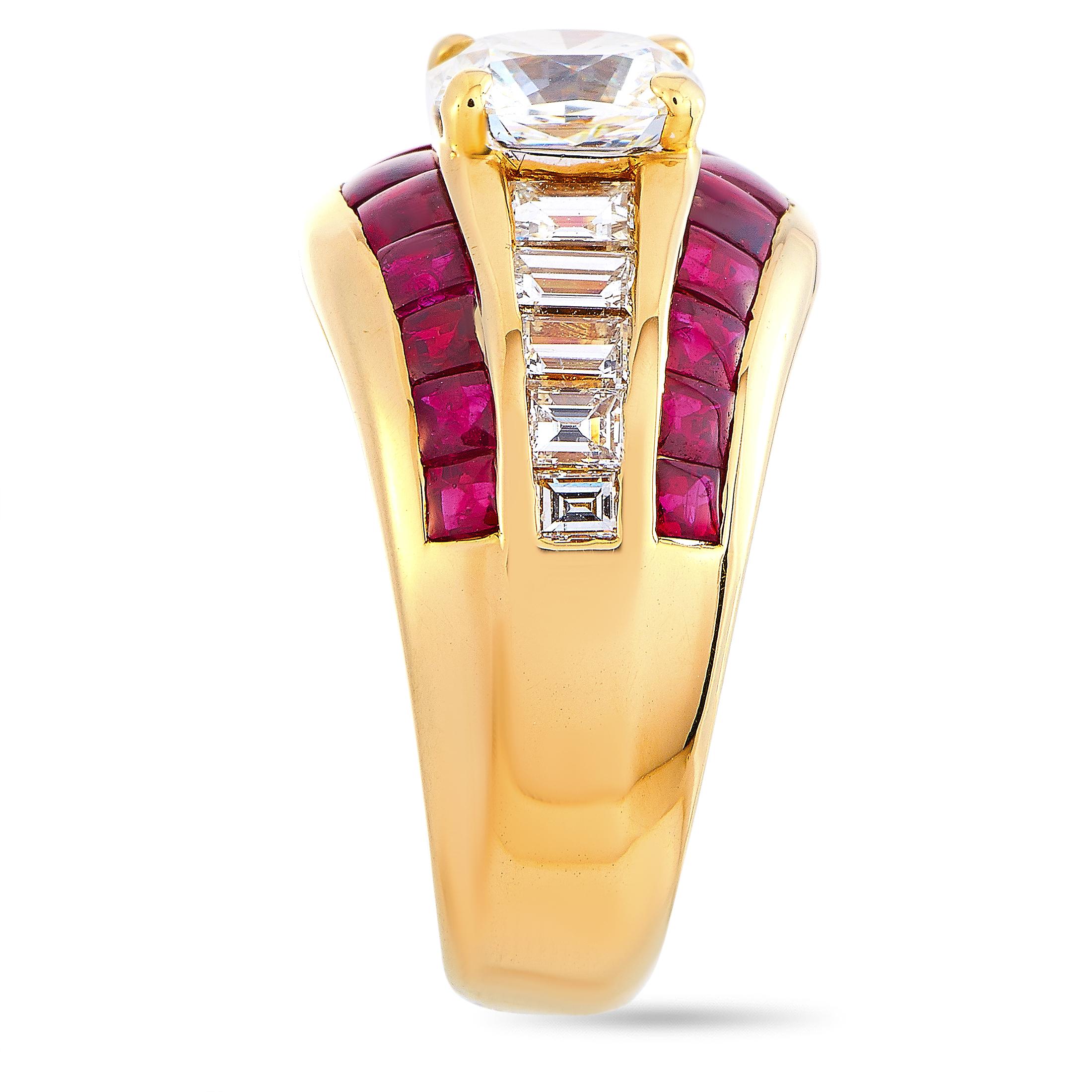 Baguette Cut LB Exclusive 18 Karat Yellow Gold 2.72 Carat Diamond and Ruby Ring