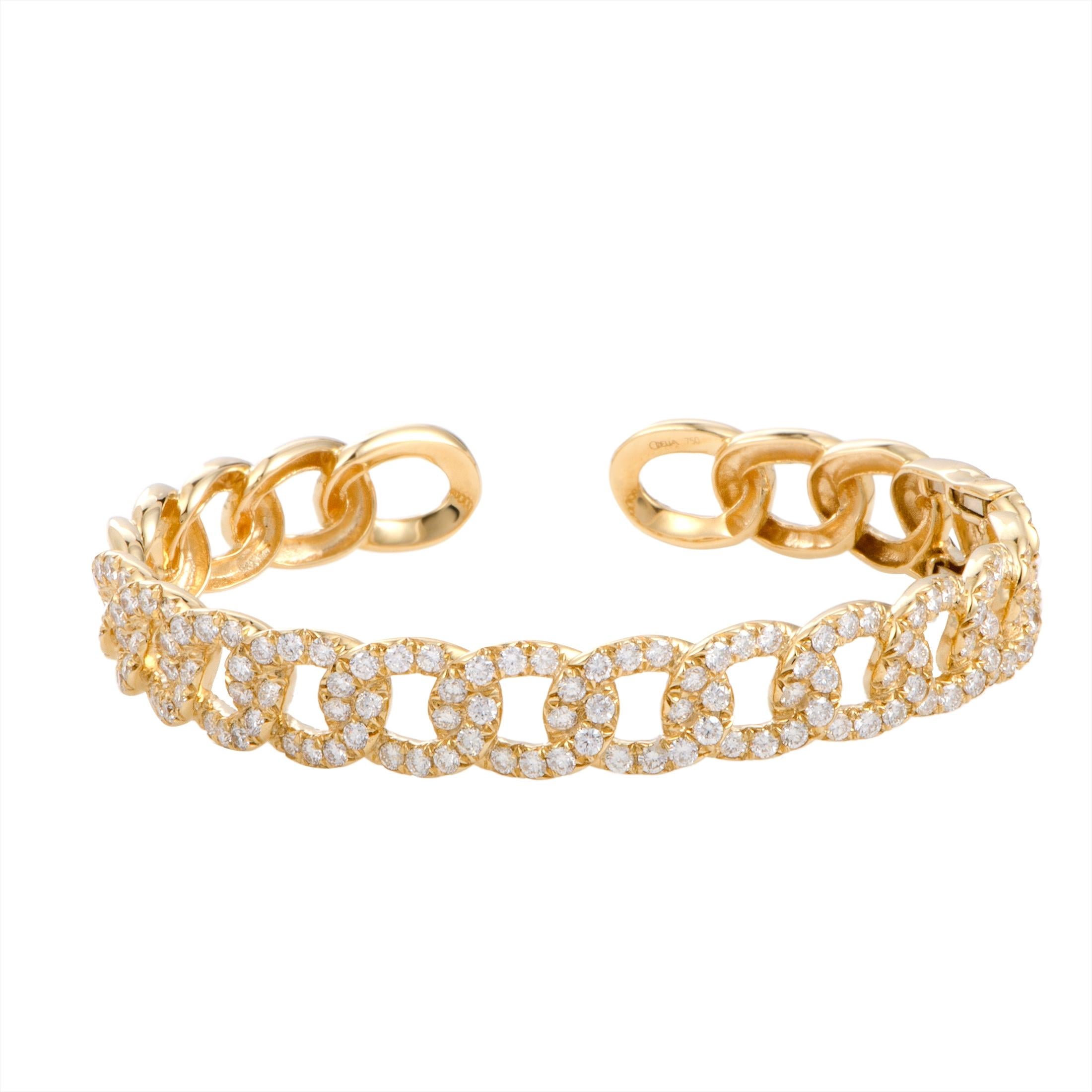 Round Cut LB Exclusive 18 Karat Yellow Gold Diamond Chain Link Open Bangle Bracelet