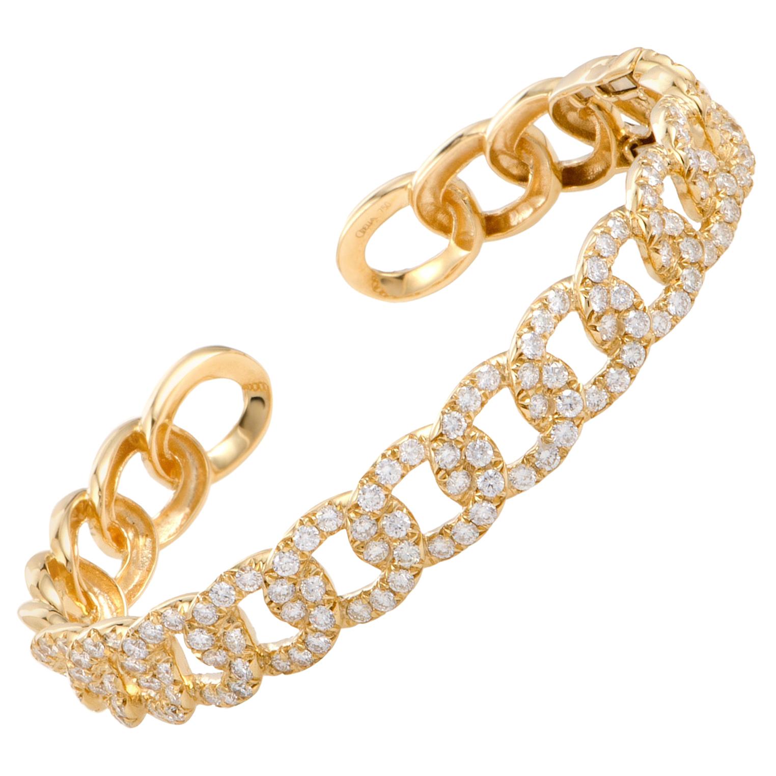 LB Exclusive 18 Karat Yellow Gold Diamond Chain Link Open Bangle Bracelet