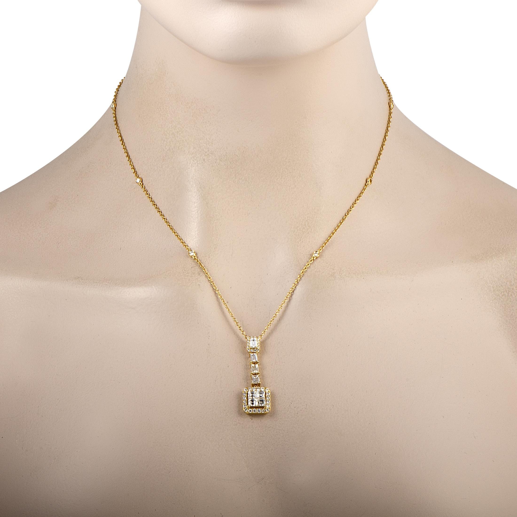 This LB Exclusive necklace is crafted from 18K yellow gold and set with round and baguette diamonds that total 0.70 and 1.98 carats respectively. The necklace weighs 7.1 grams and boasts a 16” chain and a pendant that measures 1.60” in length and