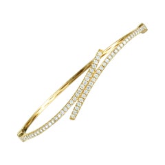 LB Exclusive 18 Karat Yellow Gold Diamond Row Thin Bypass Bangle Bracelet
