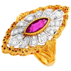 LB Exclusive 18 Karatr Yellow Gold 0.59 Carat Diamond and Ruby Marquise Ring