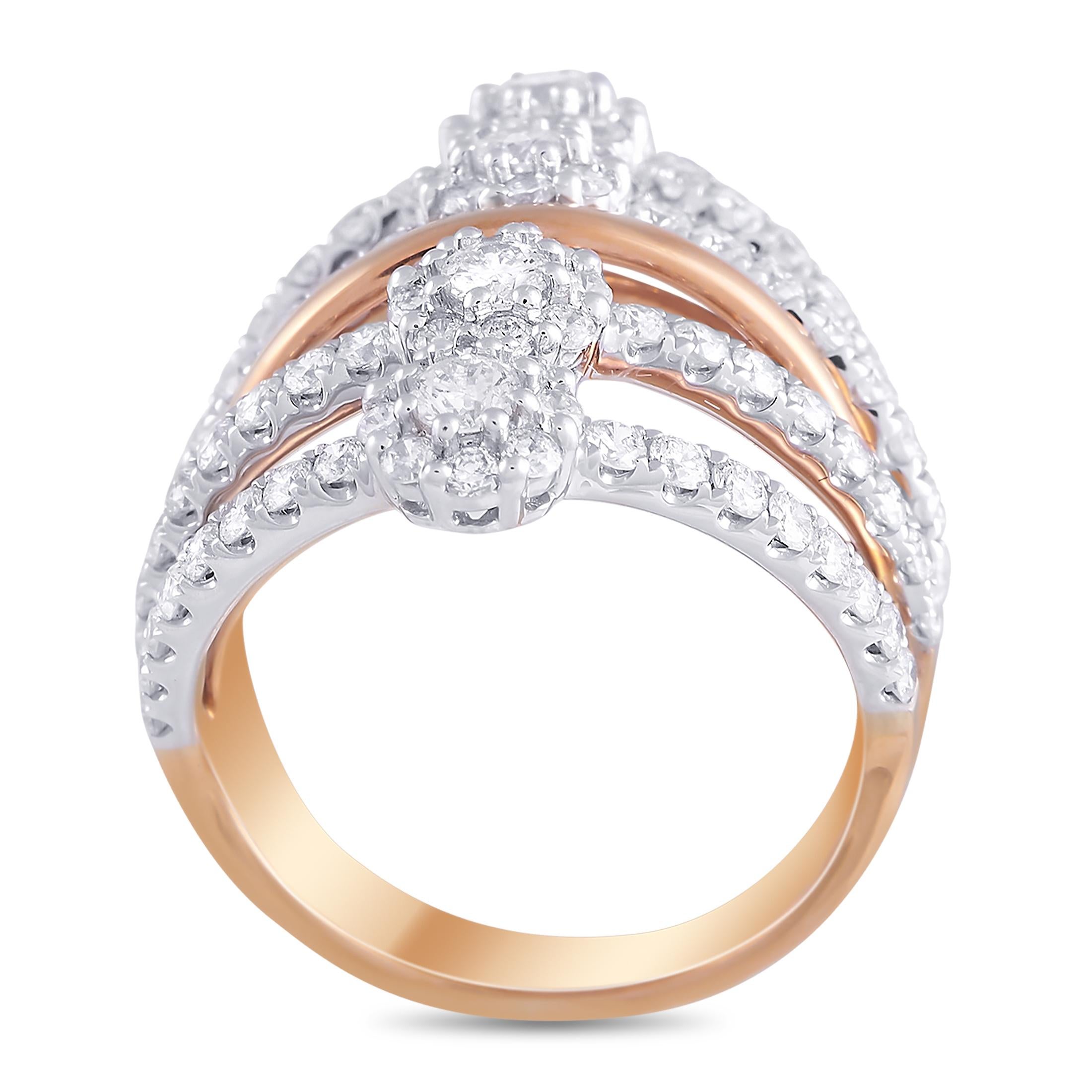 This unique LB Exclusive 18K Rose and White Gold 2.10 ct Diamond Ring is made with 18K gold in rose and white, giving the ring a distinct two-toned appearance. The band is split into four distinct sections on the front, giving the appearance of a