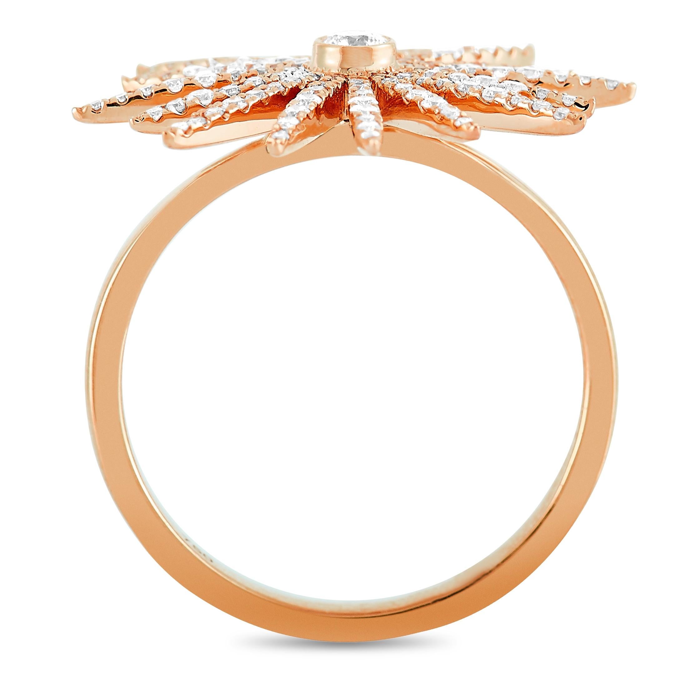 This LB Exclusive ring is made of 18K rose gold and embellished with diamonds that amount to 0.45 carats. The ring weighs 4 grams and boasts band thickness of 2 mm and top height of 4 mm, while top dimensions measure 20 by 20 mm.
 
 Offered in