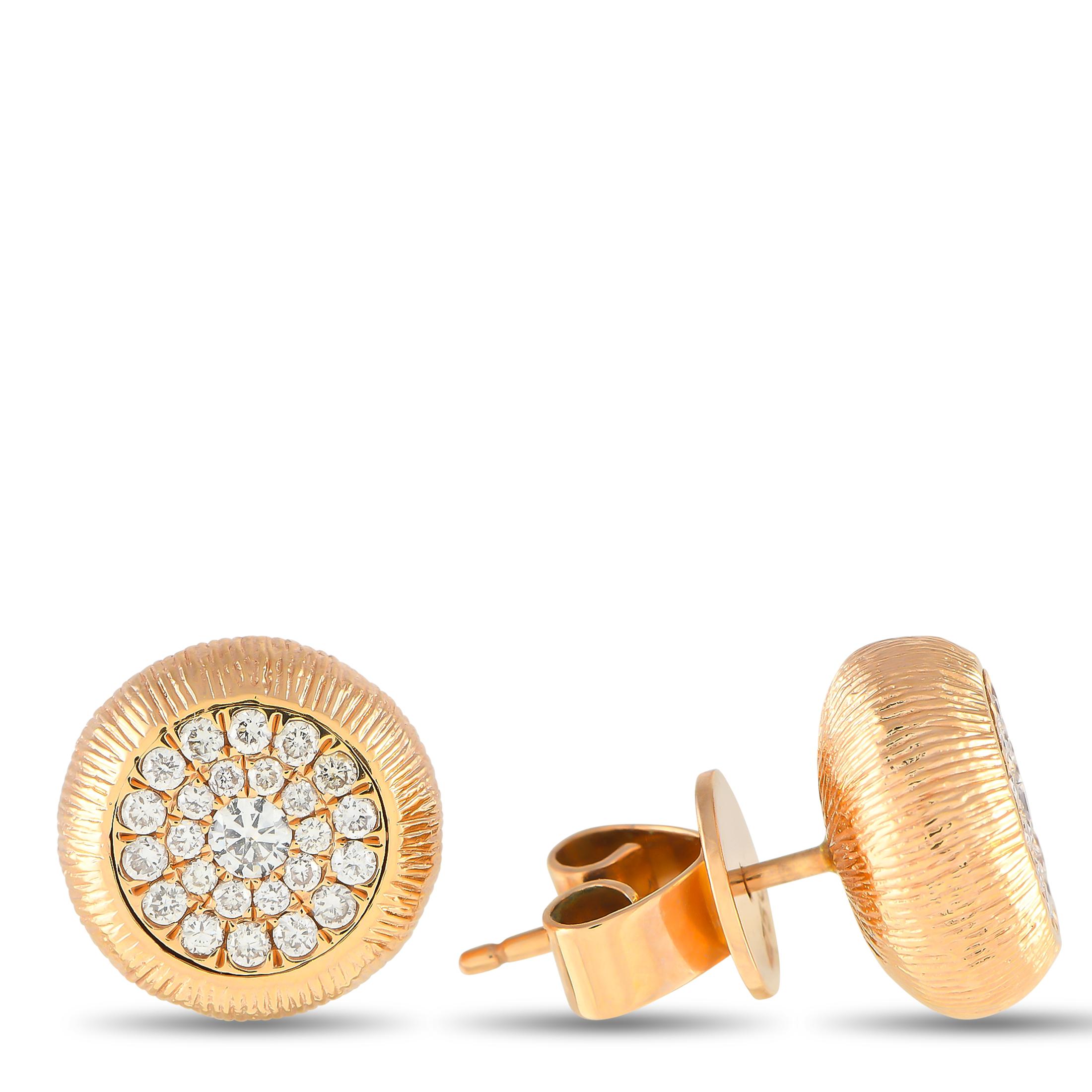 These radiant earrings are simple, elegant, and understated. At the center of the textured 18K rose gold setting, youll find an array of inset diamonds with a total weight of 0.50 carats. Each one measures 0.45 round.This jewelry piece is offered in
