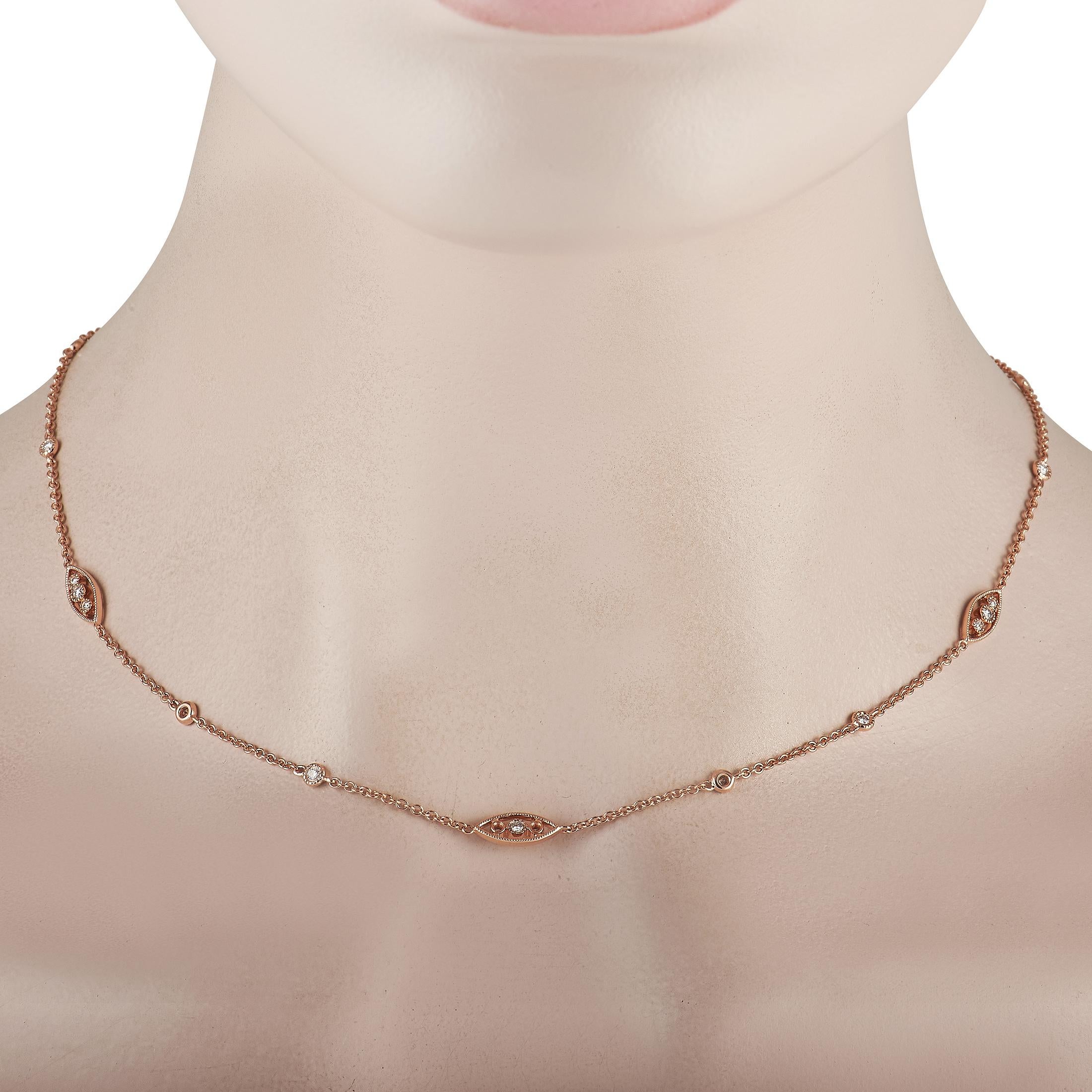A delicate 18K Rose Gold chain, dynamic accents, and glittering diamonds totaling 0.61 carats make this necklace simply unforgettable. Classic and understated, this elevated piece measures 17” long and comes complete with secure lobster clasp