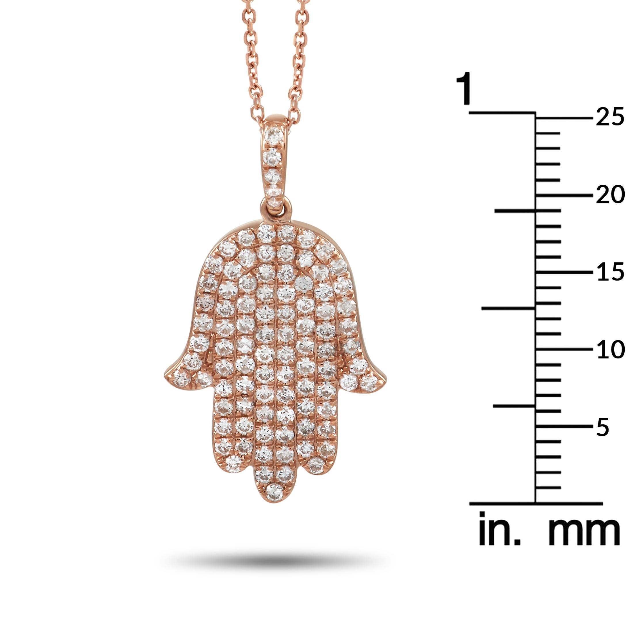 Round Cut LB Exclusive 18K Rose Gold 0.75 Ct Diamond Hamsa Pendant Necklace