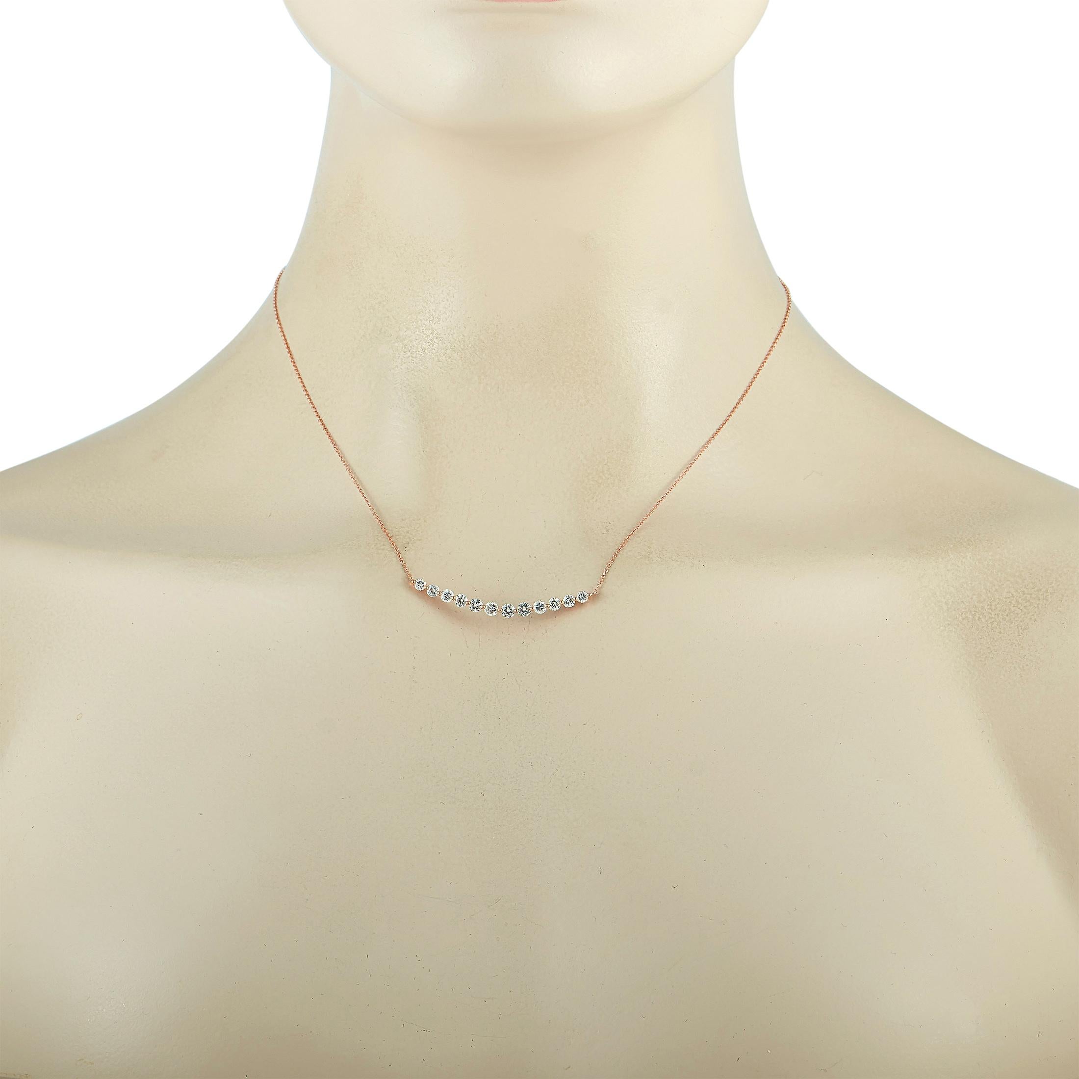 This LB Exclusive necklace is made of 18K rose gold and embellished with diamonds that amount to 1.30 carats. The necklace weighs 2.9 grams and boasts a 15” chain and a pendant that measures 0.12” in length and 1.62” in width.
 
 Offered in brand