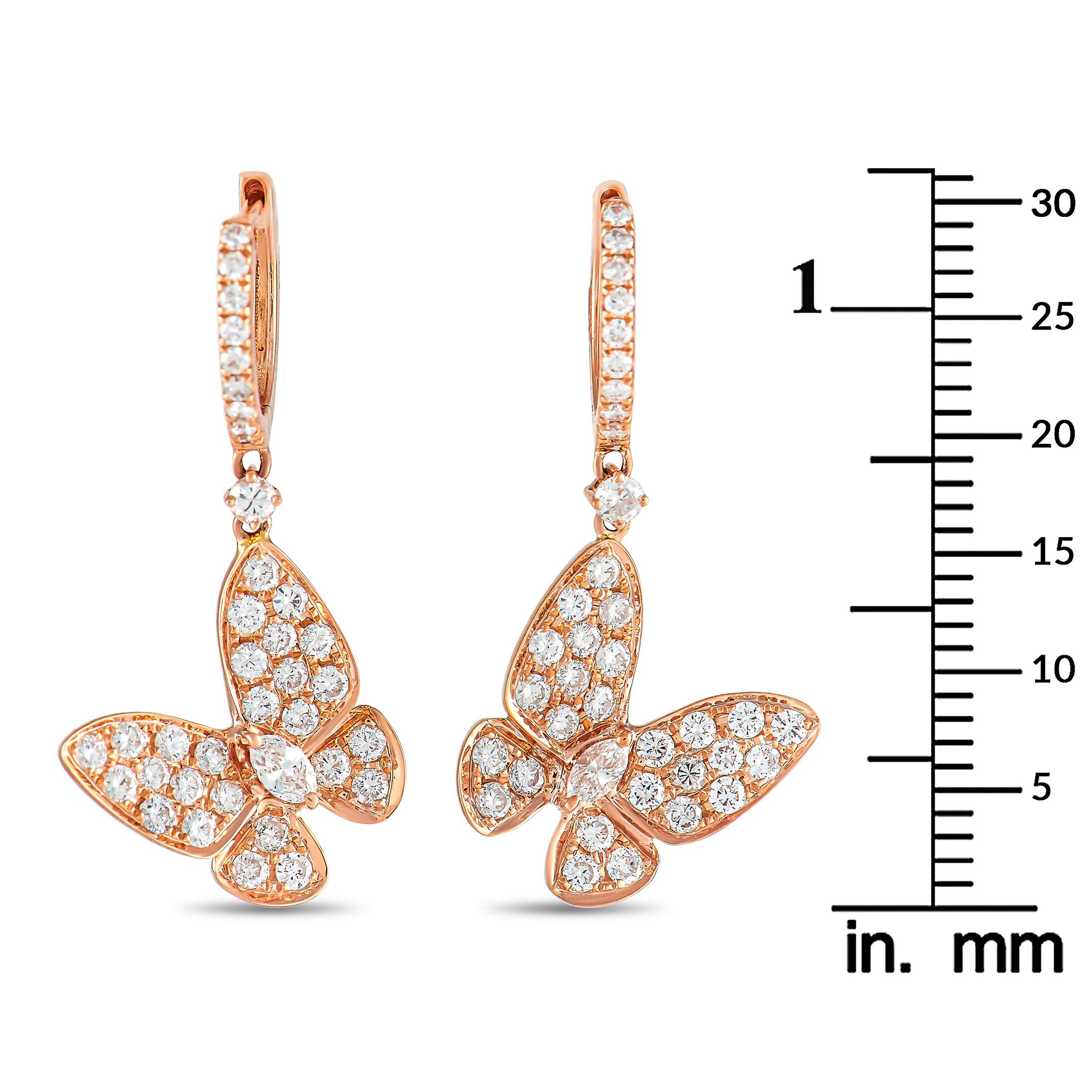 LB Exclusive 18K Rose Gold 1.40 ct Diamond Butterfly Dangle Earrings In New Condition In Southampton, PA